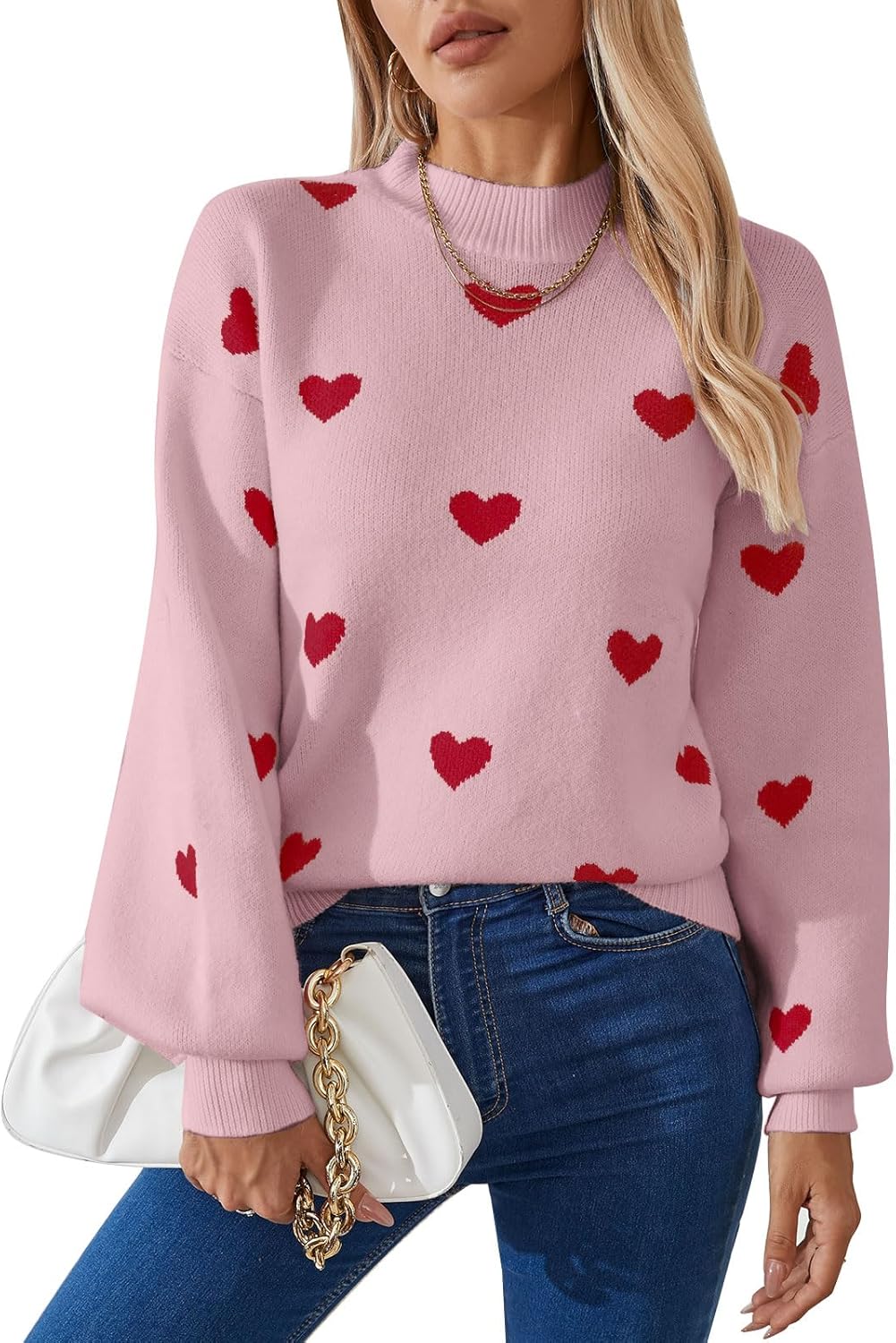 Allifewithu Women's Long Sleeve Mock Neck Sweaters Loose Casual Cute Heart Pullover Sweater