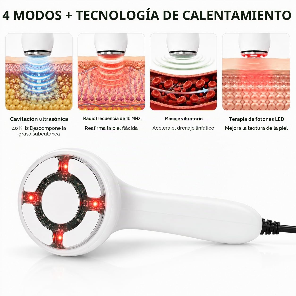 Dispositivo de radiofrecuencia para celulitis corporal, plástico blanco, incluye cable de alimentación, manual, mejora el tono