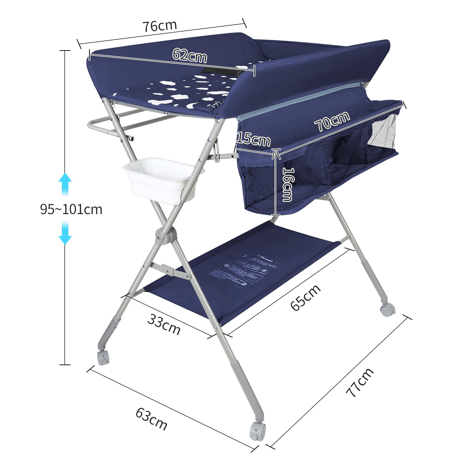 Cambiador Bebé, Cambiador Portátil Plegable con Ruedas y Espacio de Almacenamiento Cambiador para Bebé Altura Ajustable Carga hasta 15kg (azul marino-77 * 63 * 101cm)