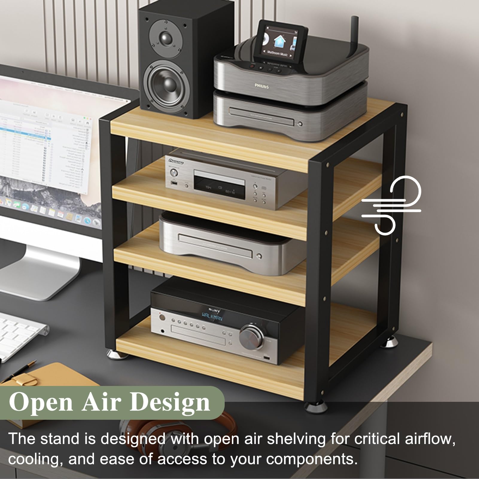 Mini stojak HiFi oszczędzający miejsce stojak na media AV, dekoracyjna szafka stereo, 2-poziomowa wieża do biura, kompaktowa konsola multimedialna, nowoczesne rozwiązanie meblowe