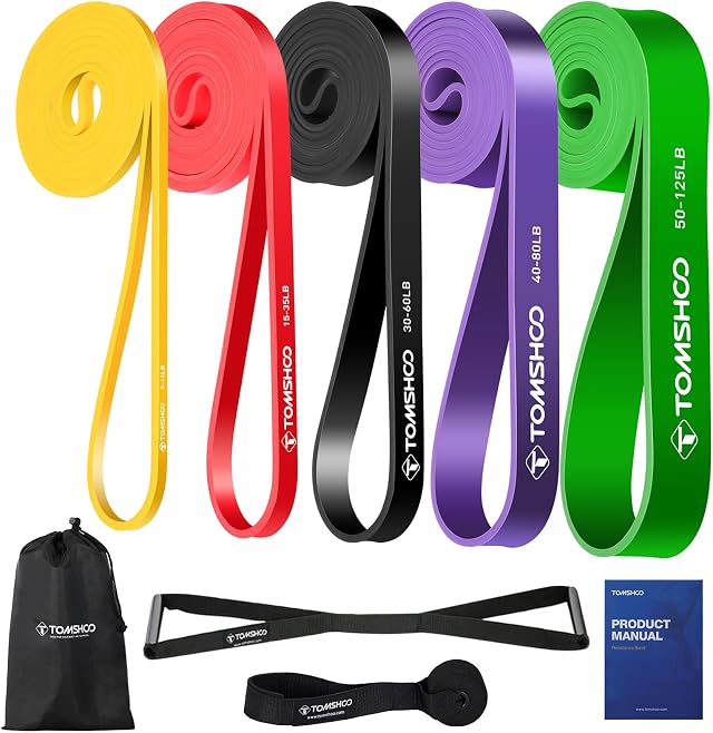 TOMSHOO Resistance Bands Set, 4/5 Stück Widerstandsbänder mit Aufbewahrungstasche, Griff, Türanker, Mehrere Widerstandsstufen Fitnessbänder Trainingsbänder für Krafttraining, Klimmzüge, mehr
