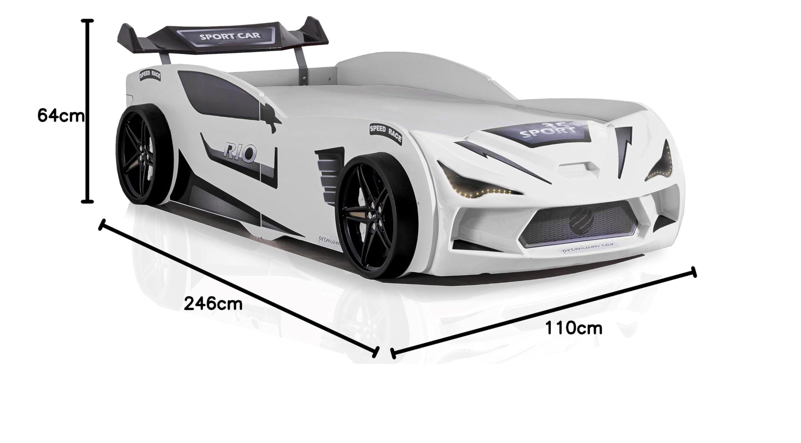 Autobett Kinder Kinderbett Rio 90x200 Rennwagenbett inkl. Lattenrost LED-Leuchte Spoiler (ohne Matratze, Weiß ohne Sportsitze)