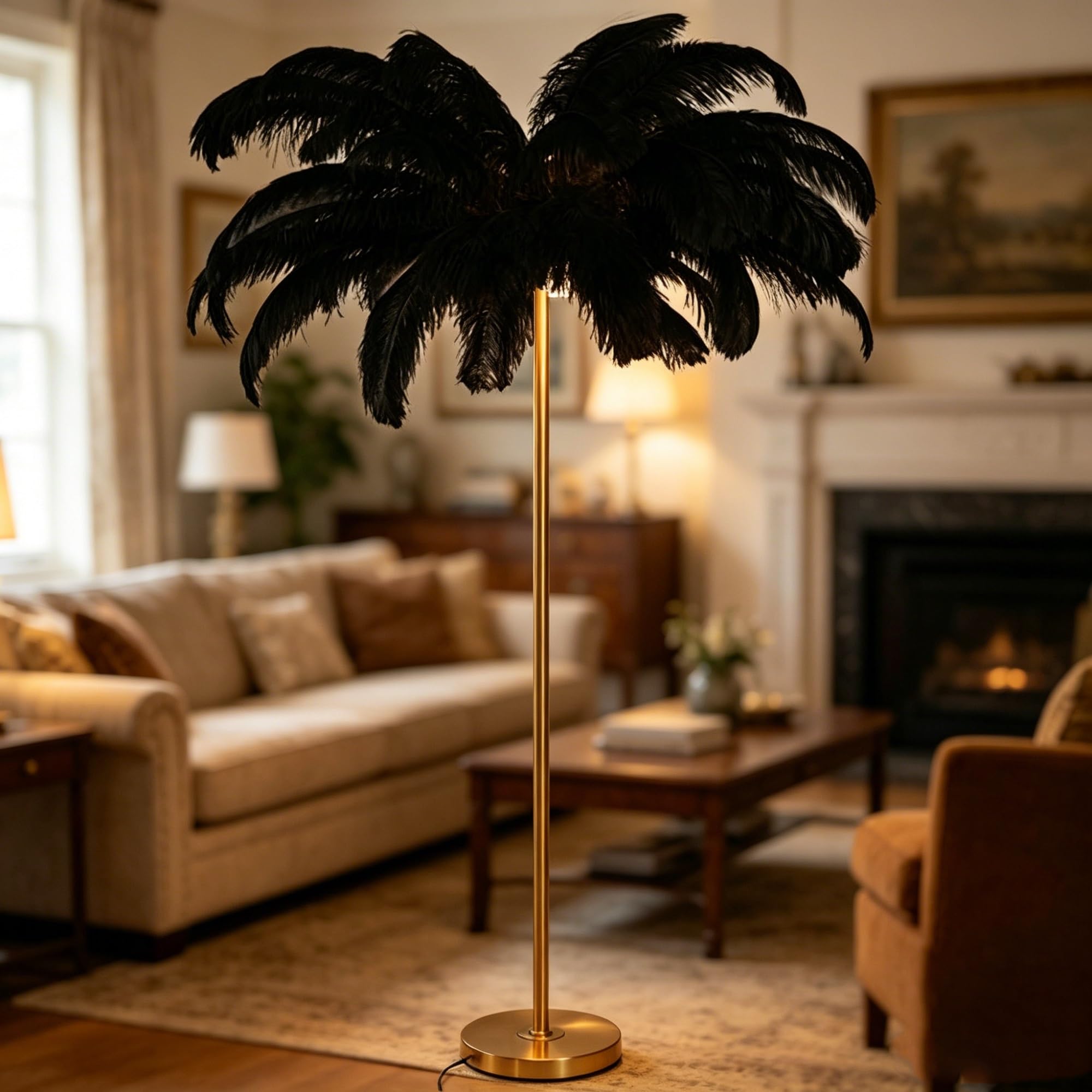 kumamart Indoor Decor Ostrich Feather Standing Floor Lamp, Fluffy Shade Lighting for Bedroom Living Room Interior with Black White Optional Shades(Black)