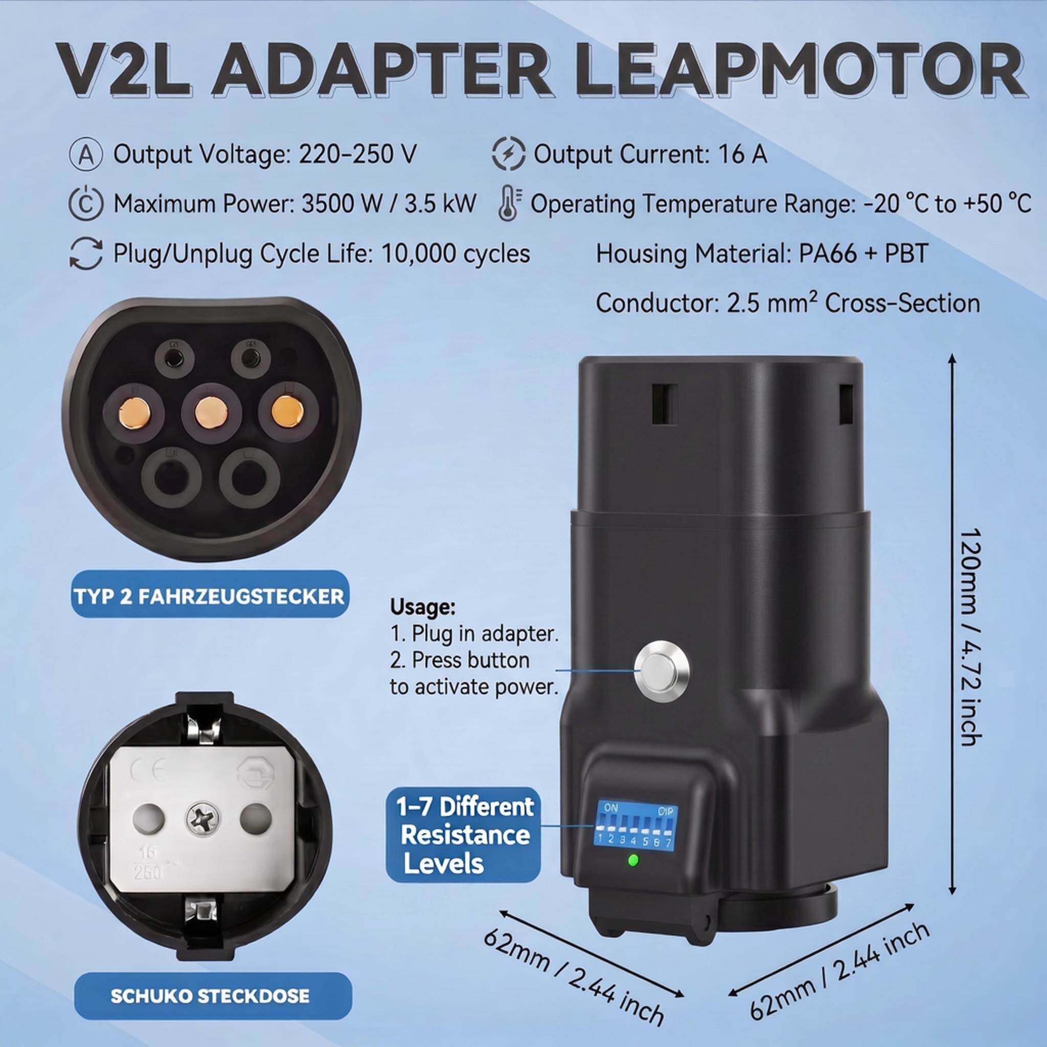 VOBOR V2L Adapter, 3,5kW 16A 250V Typ 2 auf Schuko Adapter