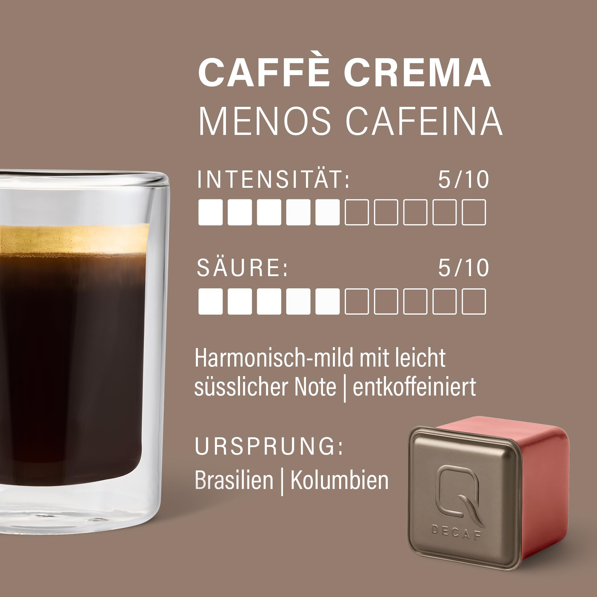 Tchibo Qbo Caffè Crema Menos Cafeína Premium Kaffeekapseln, 144 Stück - 18x8 Kapseln (Caffè, Intensität 5/10, mild und süßlich, entkoffeiniert), nachhaltig & aus 70% nachwachsenden Rohstoffen¹