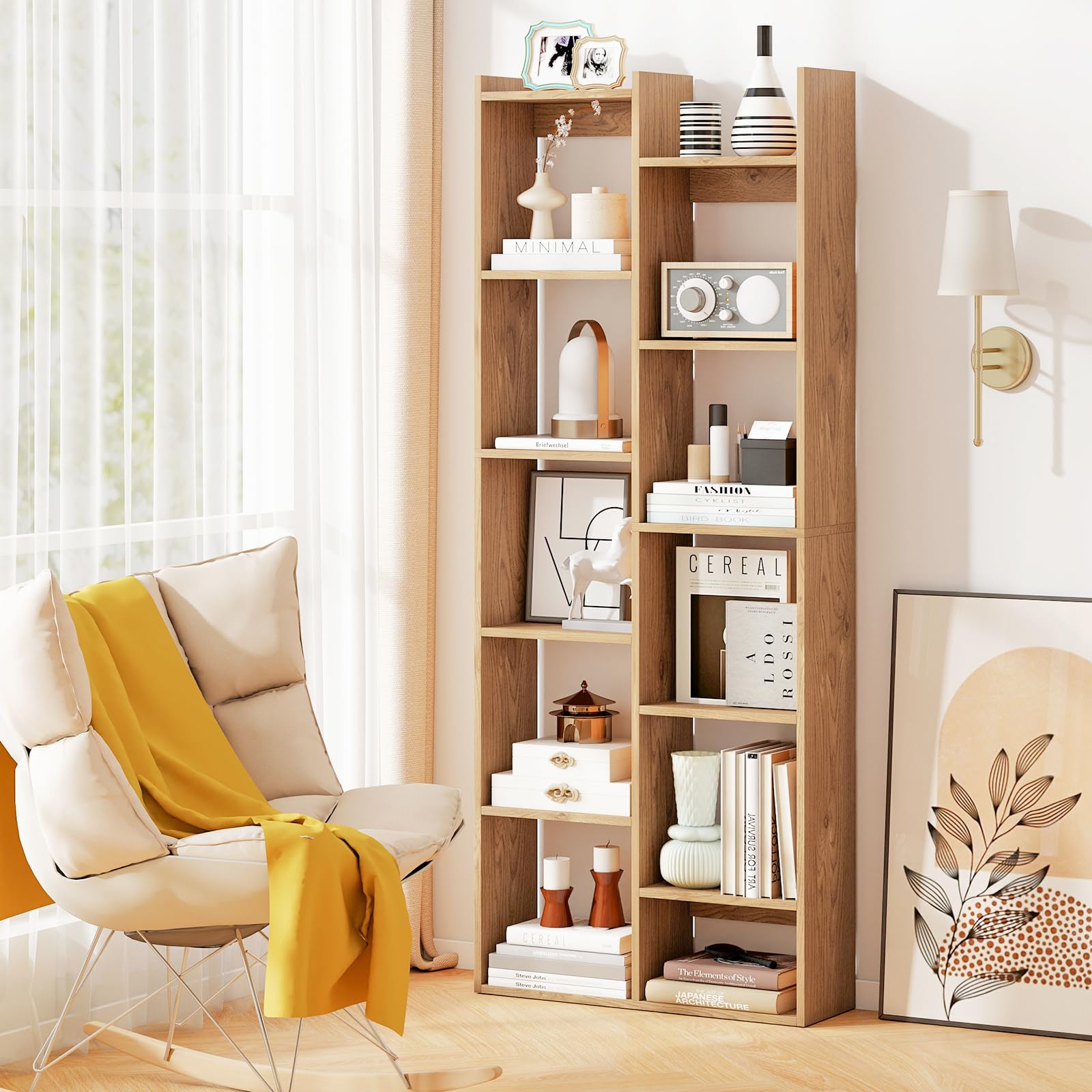 COSTWAY Scaffale in Legno per Libri, Libreria a 12 Ripiani con Kit Anti-Ribaltamento, Unità di Stoccaggio a Forma di Albero, Ideale per Casa Ufficio, 65 x 20 x 162 cm (Naturale)