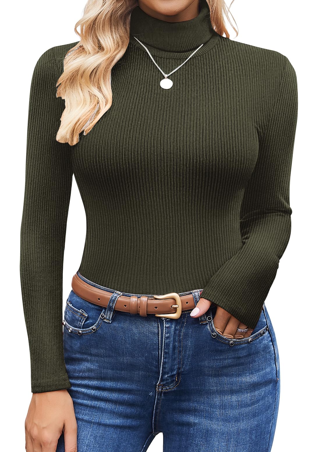 Women Ribbed Turtleneck Tops Long Sleeve Thermal Shirts Slim Fit Sweater