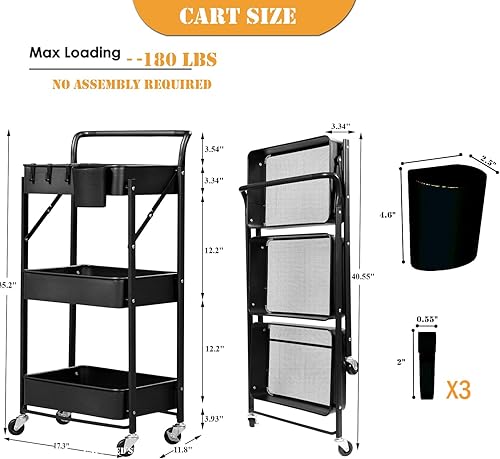 Miniatura 10 de Carrito de almacenamiento plegable de 3 niveles con ruedas para cocina, dormitorio, oficina en casa, estante de metal sin montaje