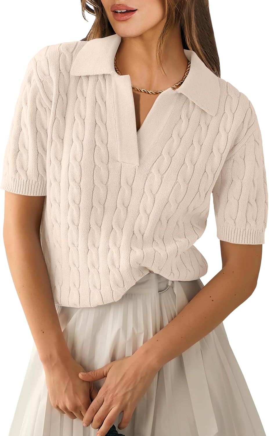 PrettyGuide Women's Cable Knit Sweater - Short Sleeve Lightweight Knit Top With Pocket