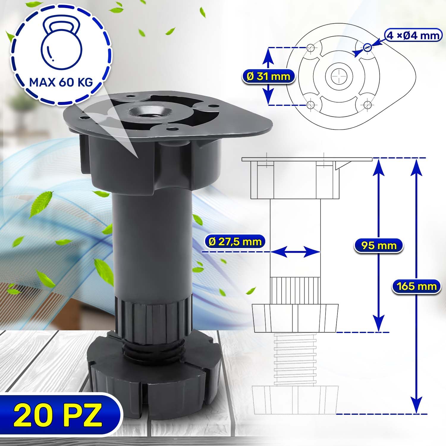 MONTERAL Set di 20 Pezzi Piedini per Mobili Regolabili 95-165 mm Ø 27,5 mm Capacità di Carico 60 kg e 20 Pezzi Ganci per Zoccolo Cucina Universale - Garanzia di 10 Anni
