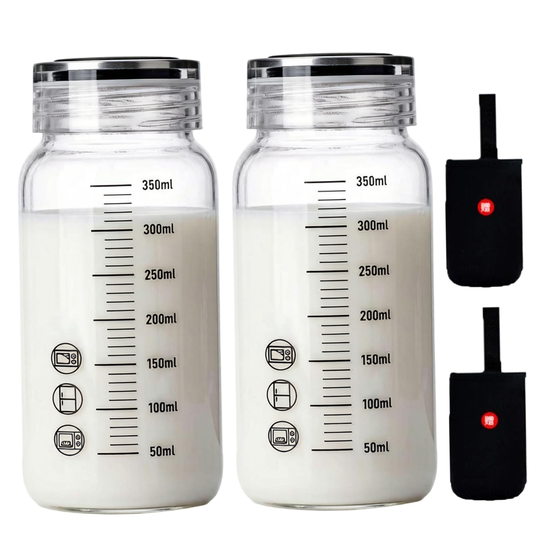Tapallmy 2Pcs Glass Milk Storage Bottles 12oz Leakproof Borosilicate Glass Cup with Lid Scale Sleeve Microwave Safe Milk Bottle ideal for Home Office School