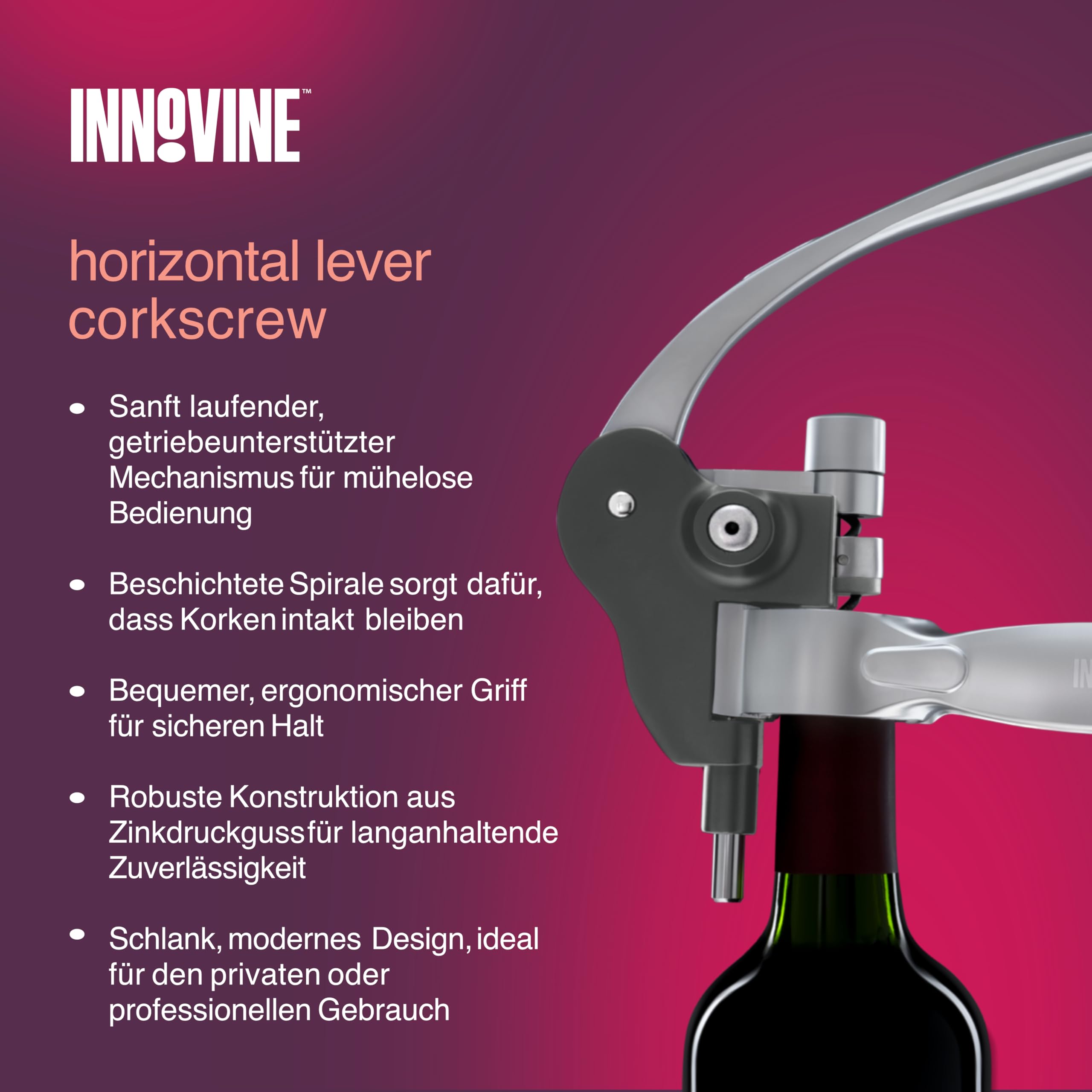 Innovine Horizontaler Hebel-Korkenzieher, langlebige Zinkdruckguss-Konstruktion, Weinöffner mit antihaftbeschichtetem Spiralwurm, perfekt für Hausbar, Reisen, Picknick, Camping, Party im Freien, 1