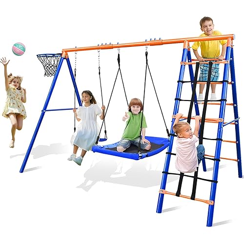 5-in-1 Heavy-Duty Metal Swing Set for Backyard - 500lb Capacity Outdoor Playset with Basketball Hoop & Climbing Rope