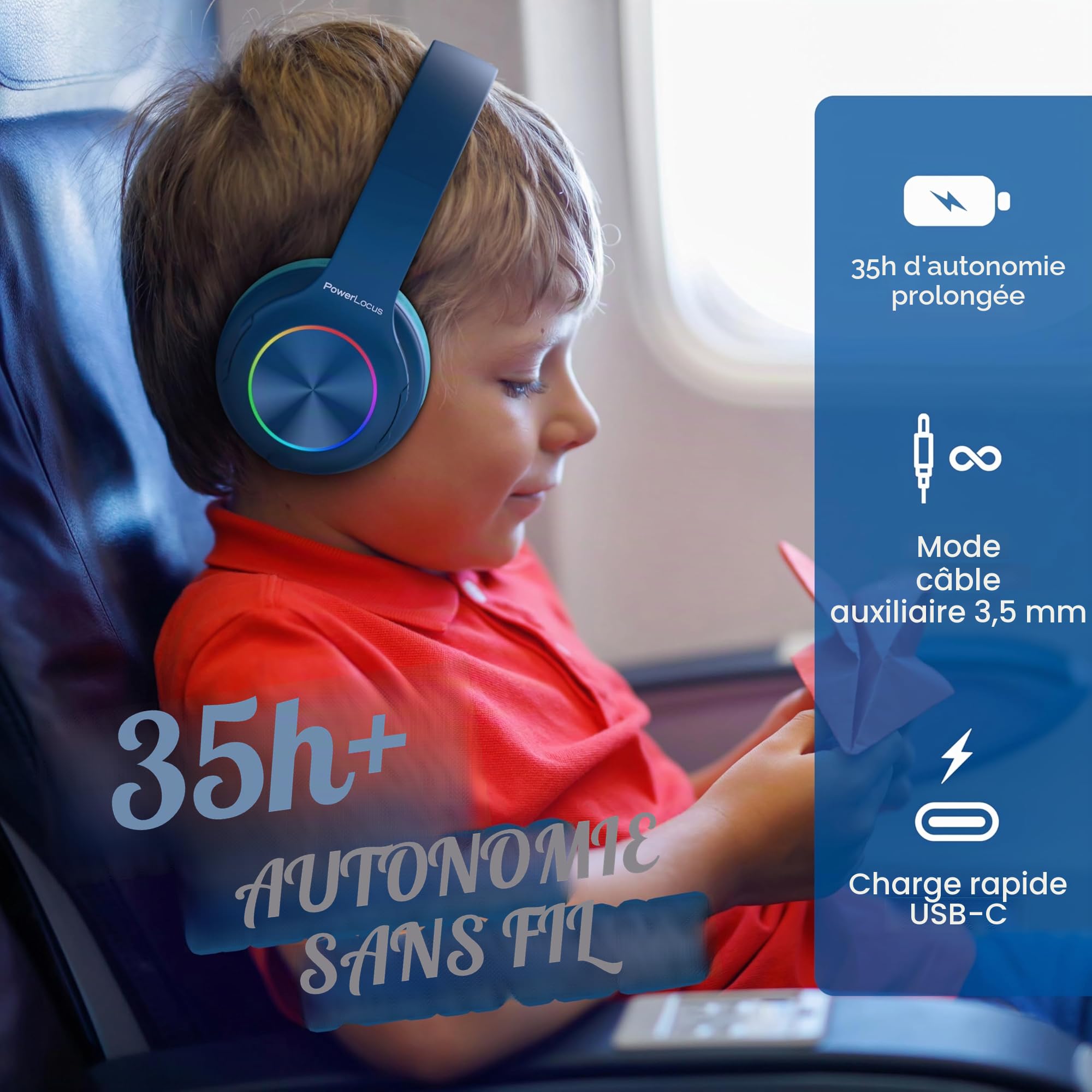 PowerLocus Casque Bluetooth Pliable sans Fil pour Enfant avec Lumières LED, HD Stéréo, USB-C Recharge Rapide, Micro intégré, SD Mode et Filaire pour iPhone/Tablettes/TV