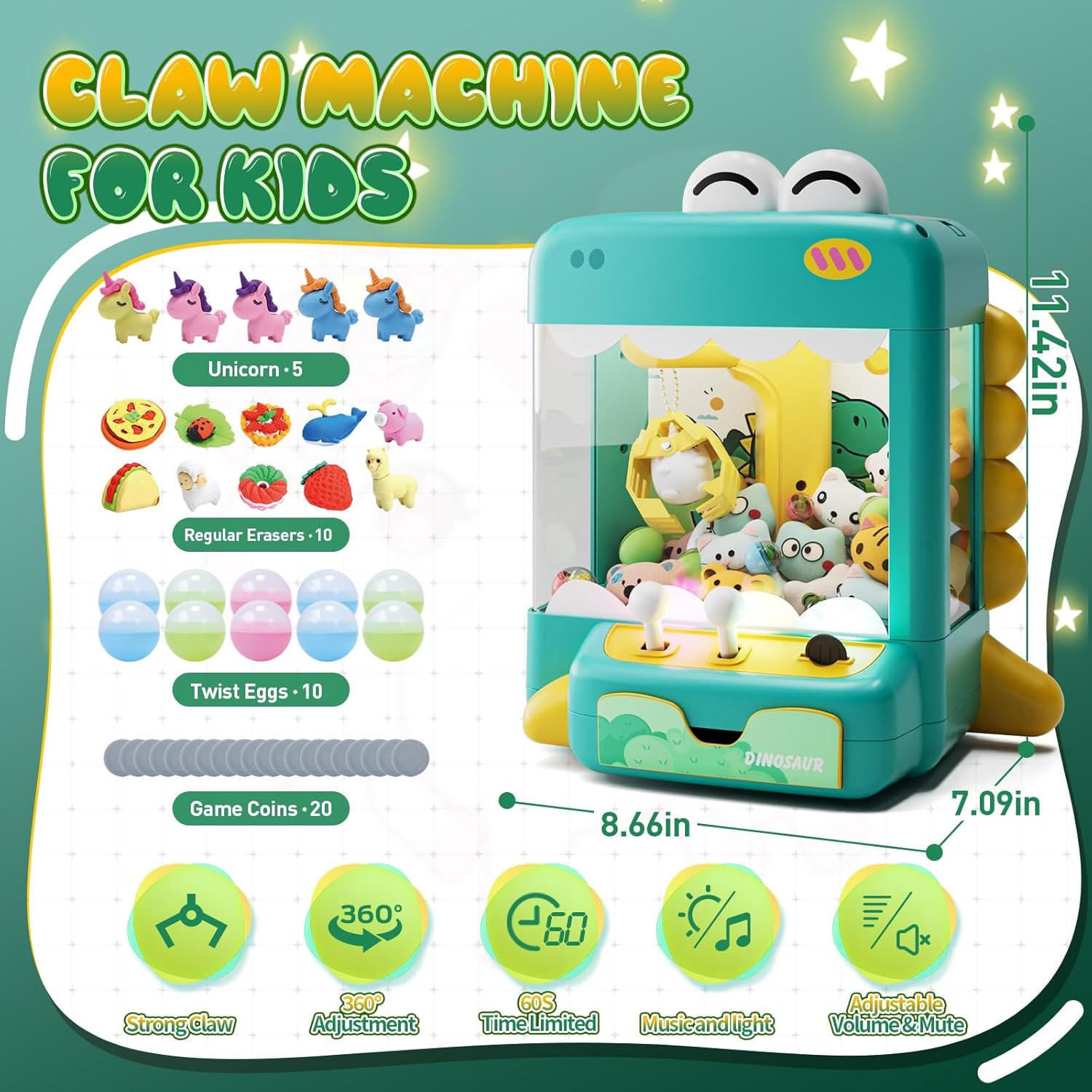 Skirfy Dinosuar Claw Machine, Mini Vending Machine with Lights & Music, Adjustable Sound, Candy and Electronic Prize Dispenser, Includes 45 Toys, Candy and Birthday Gift for Kids Boys
