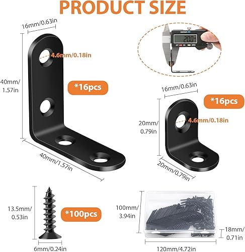 Miniatura 2 de MAPVOLUT - 32 soportes de esquina en L, soportes en L resistentes negros para estantes con 100 tornillos, soporte de estante de metal en ángulo