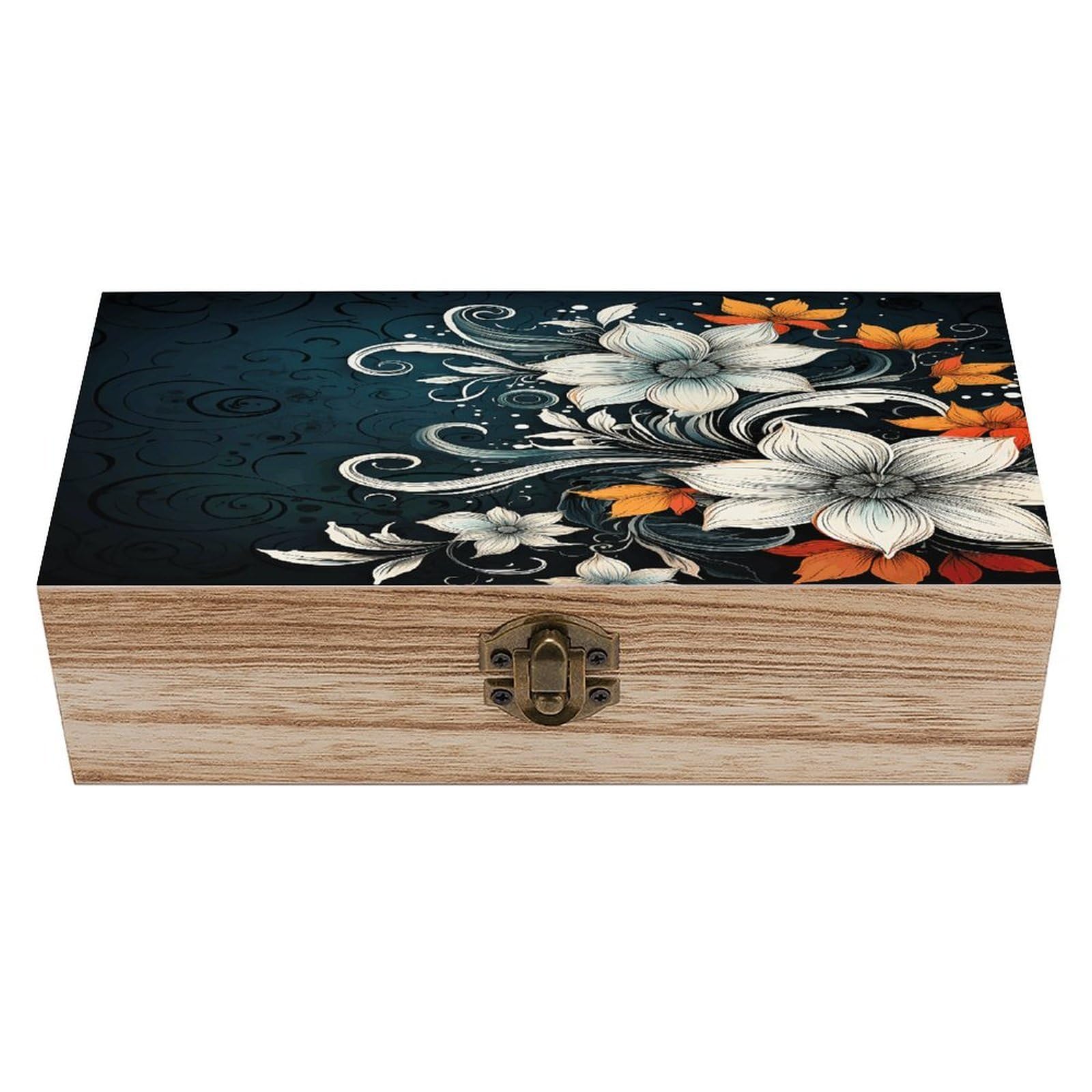 FekiLoot Natural Wooden Keepsake Box with Hinged Lid, 8x4 Inch Novelty Boho Abstract Flowers Memory Box, Wood Jewelry Organizer & Trinket Holder, Gift for Men Women Anniversary Wedding