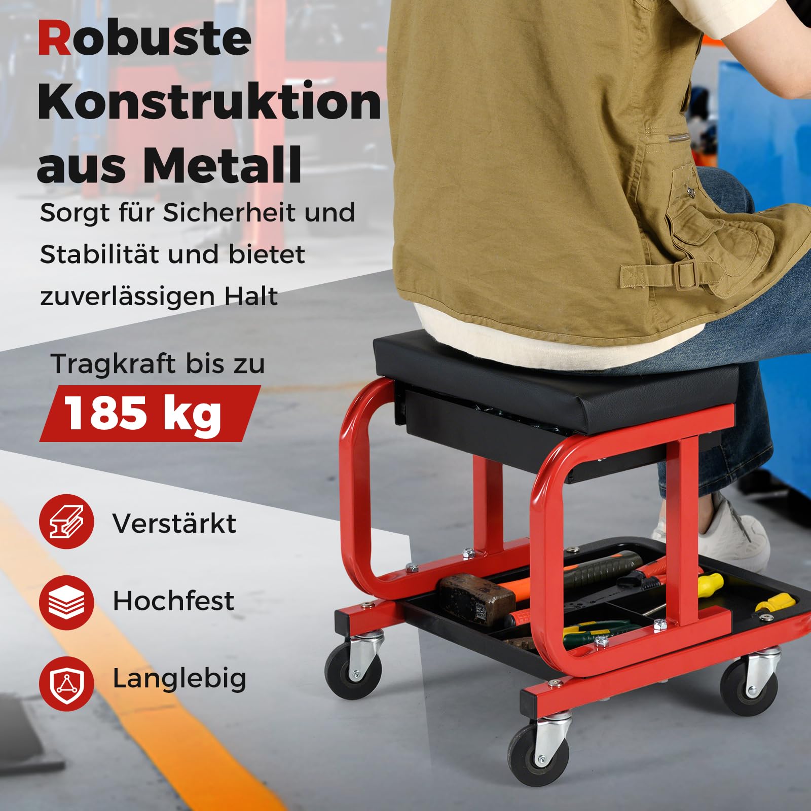 COSTWAY Werkstatthocker mit Rollen, Rollhocker bis 185 kg belastbar, Werkstatt Rollsitz mit Schublade & Ablage, Werkstattstuhl Montagehocker für Werkstatt & Garage (Schwarz)
