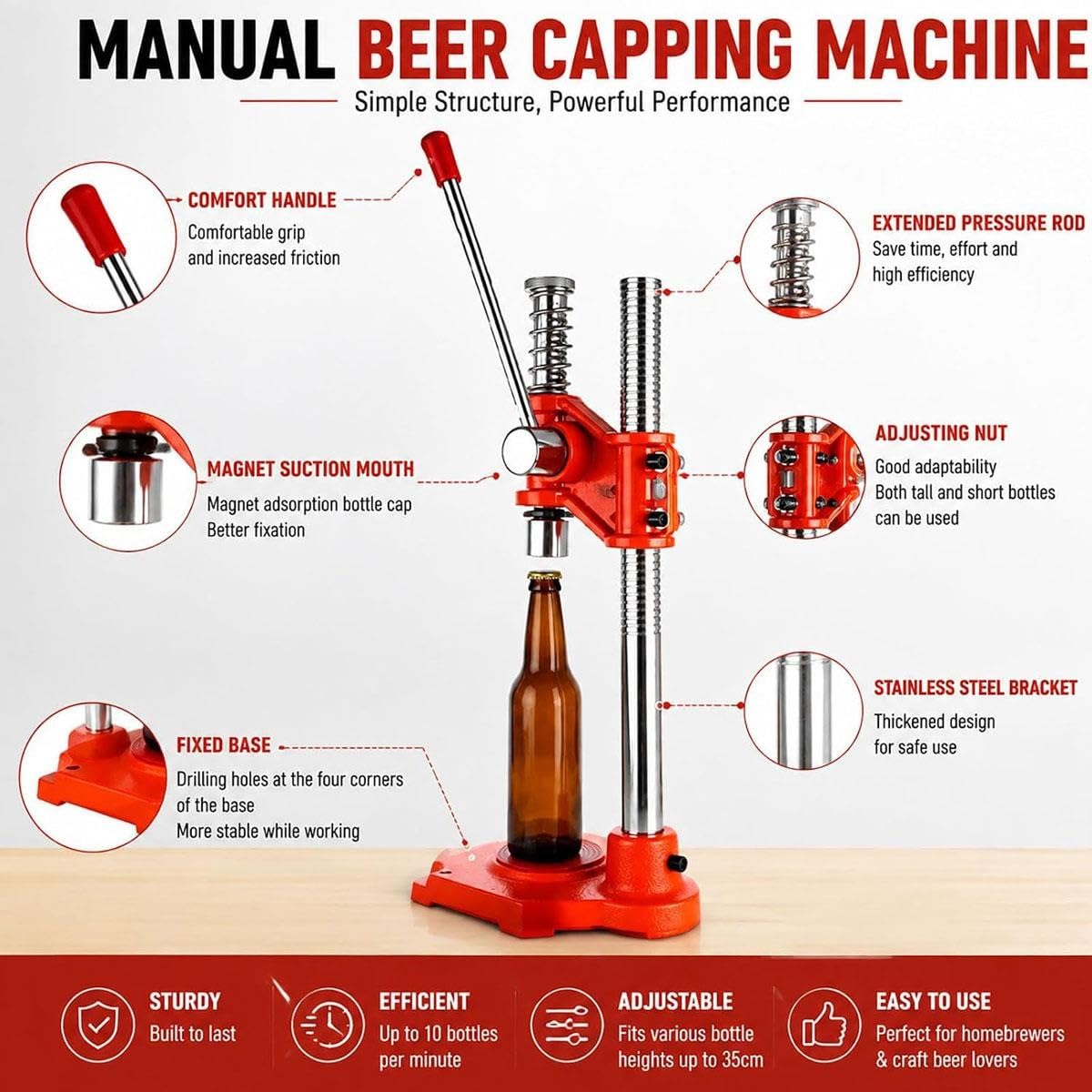 Tappatrice manuale bottiglie birra,regolabile in altezza for tappi 26 mm