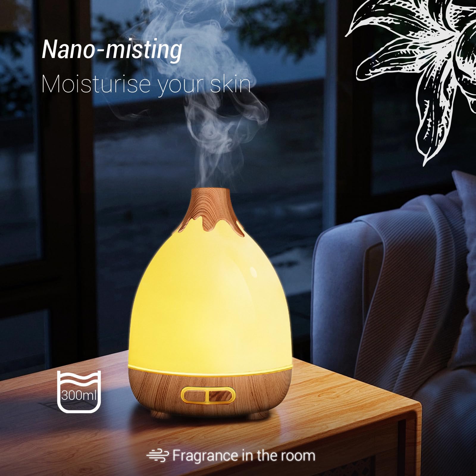 Diffusore di oli essenziali, 300 ml, umidificatori silenziosi per la casa, 7 LED a colori, spegnimento automatico, timer di sicurezza, diffusore per aromaterapia, per casa, ufficio, stanza,