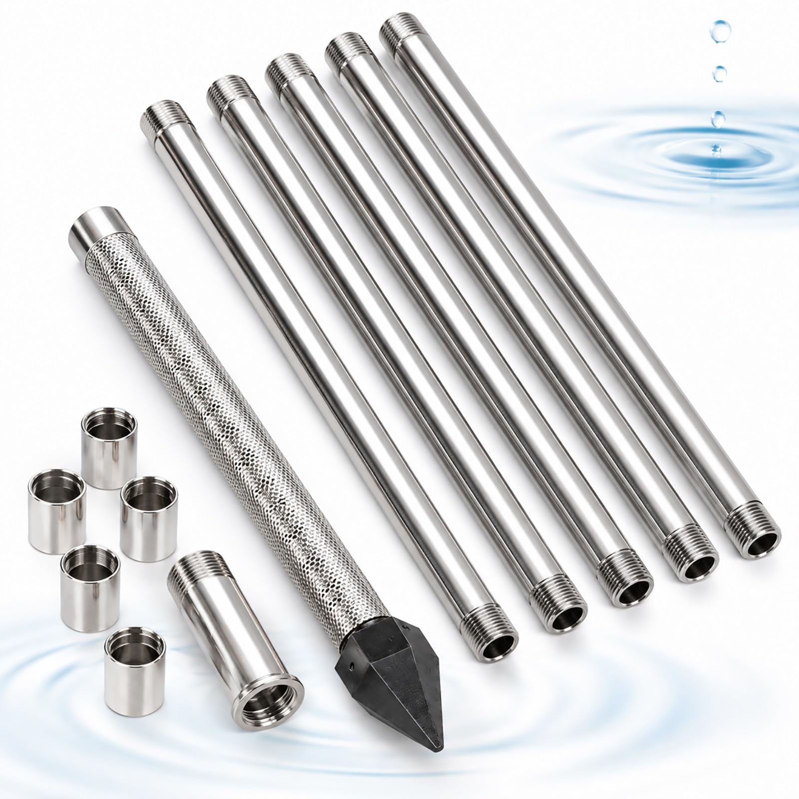vnmudzeo DIY Well Drive Point Kit, 1-1/4 Inch Sand Point Kit – Complete Shallow Well Setup with Screen Pipe, Extension Pipes and Cast Iron Tip for Outdoor Water Use 5+1kit