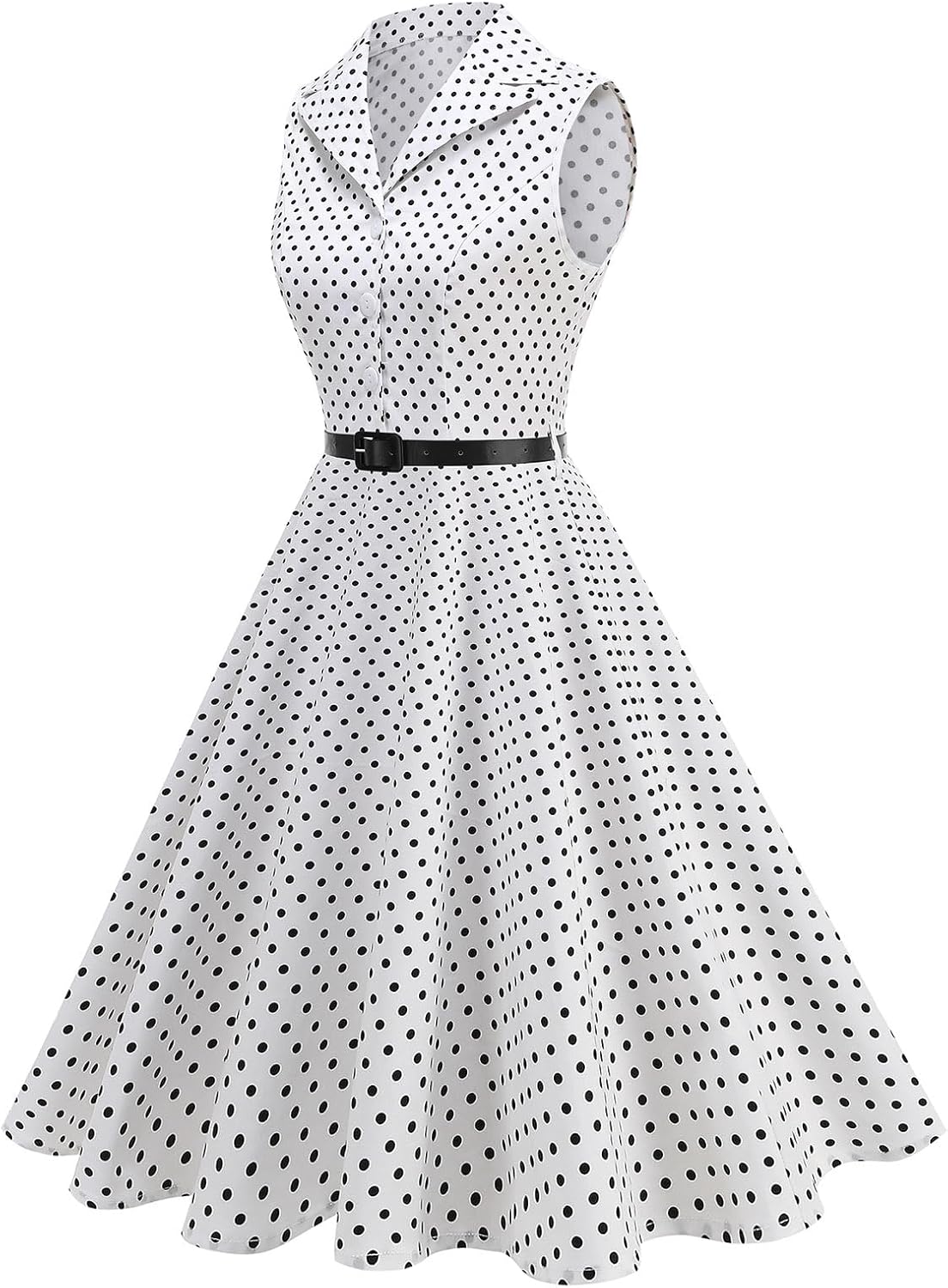 Women's 1950s Retro Polka Dot Vintage Dress Sleeveless Cocktail Prom Swing Midi Belt Dresses Notched Lapel - Image 3