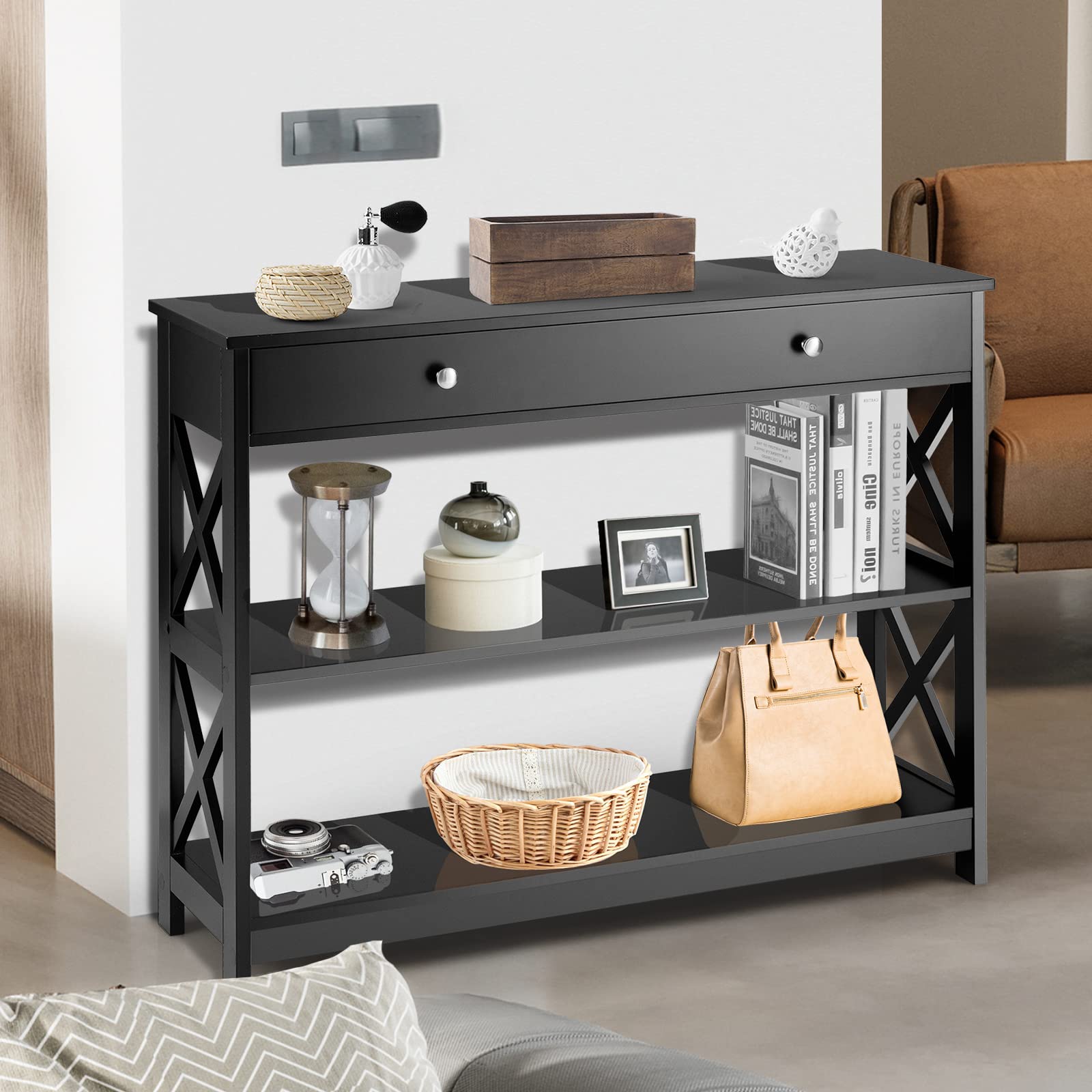 GIANTEX Mesa de Consola de 3 Niveles con Cajón y 2 Estantes Abiertos, Mesa de Entrada con Kit Antivuelco, 100 x 30 x 80 cm, Estantería de Almacenamiento para Salón, Pasillo (Negro)