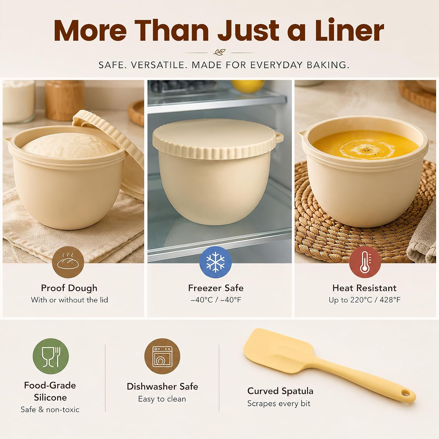 Premium Wood Mixing Bowl Set with Silicone Liner, Lid & Spatula, Compatible with KitchenAid 4.5 & 5 Quart Tilt-Head Stand Mixers, 5QT Natural Wooden Bowl with Locking Base for Baking, Dough Proofing