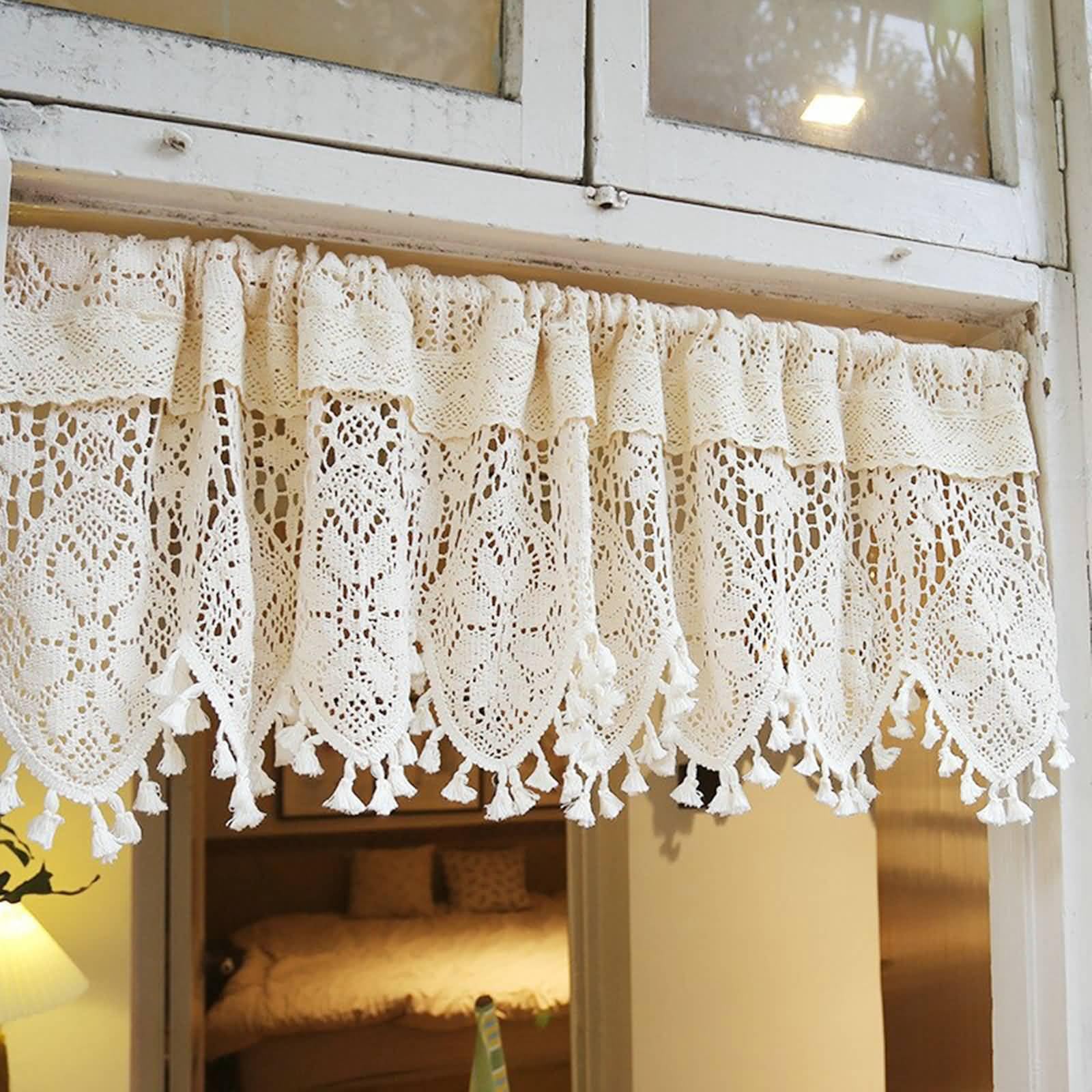 Vorhänge Durchsichtig, 1 Stück Stangentasche Küchengardinen Bistrogardine Kurzer Scheibengardinen für kleines Fenster, Wohnwagen Häkelblumenmuster mit Quasten aus Baumwolle LeinenBeige, 190x84cm