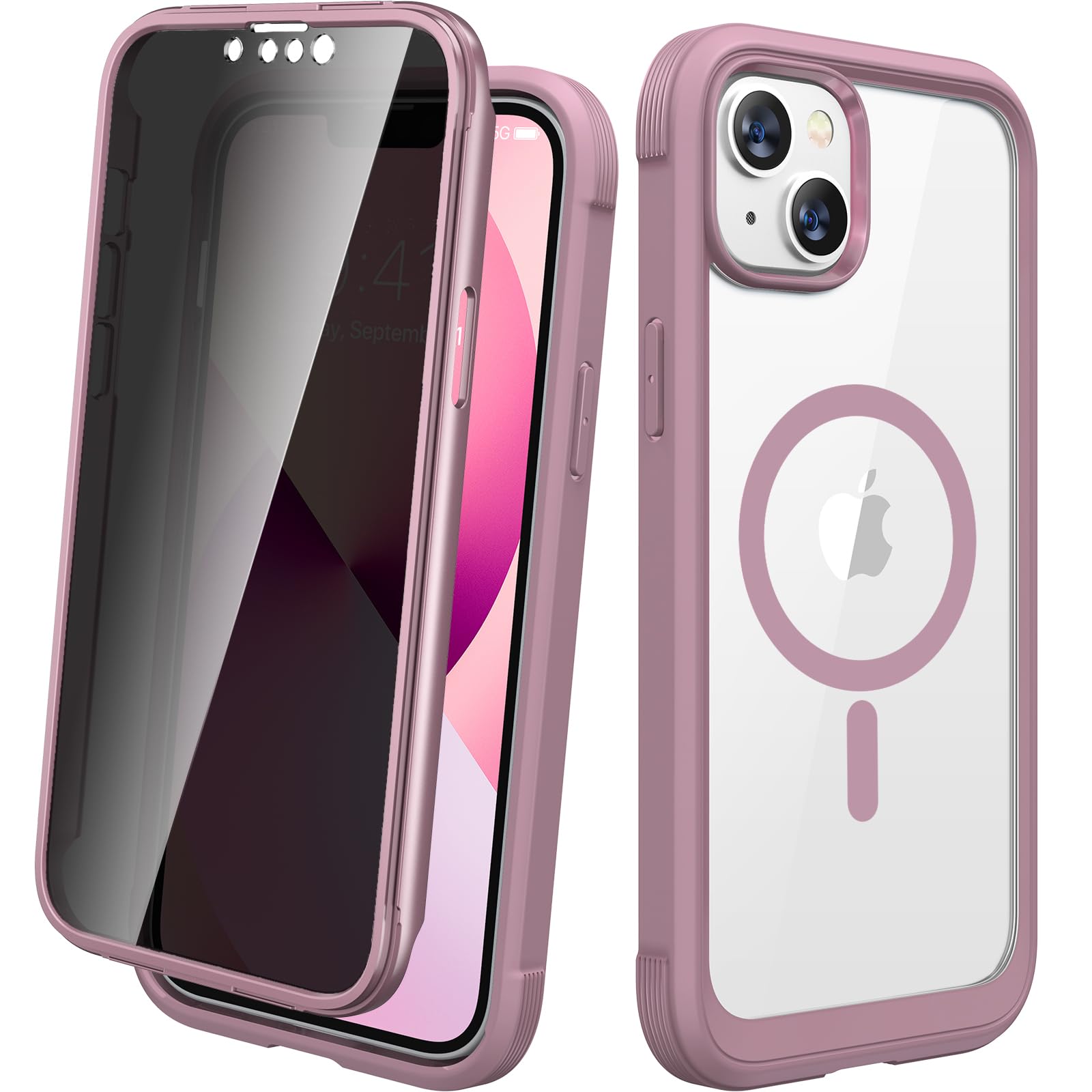 Diaclara Magnetic for iPhone 13 Case, [Privacy Screen Protector &amp; Fit for MagSafe] Built-in Shockproof Screen Protector, [Camera Lens Protector] Phone Cover for iPhone 13 6.1"(Pink)