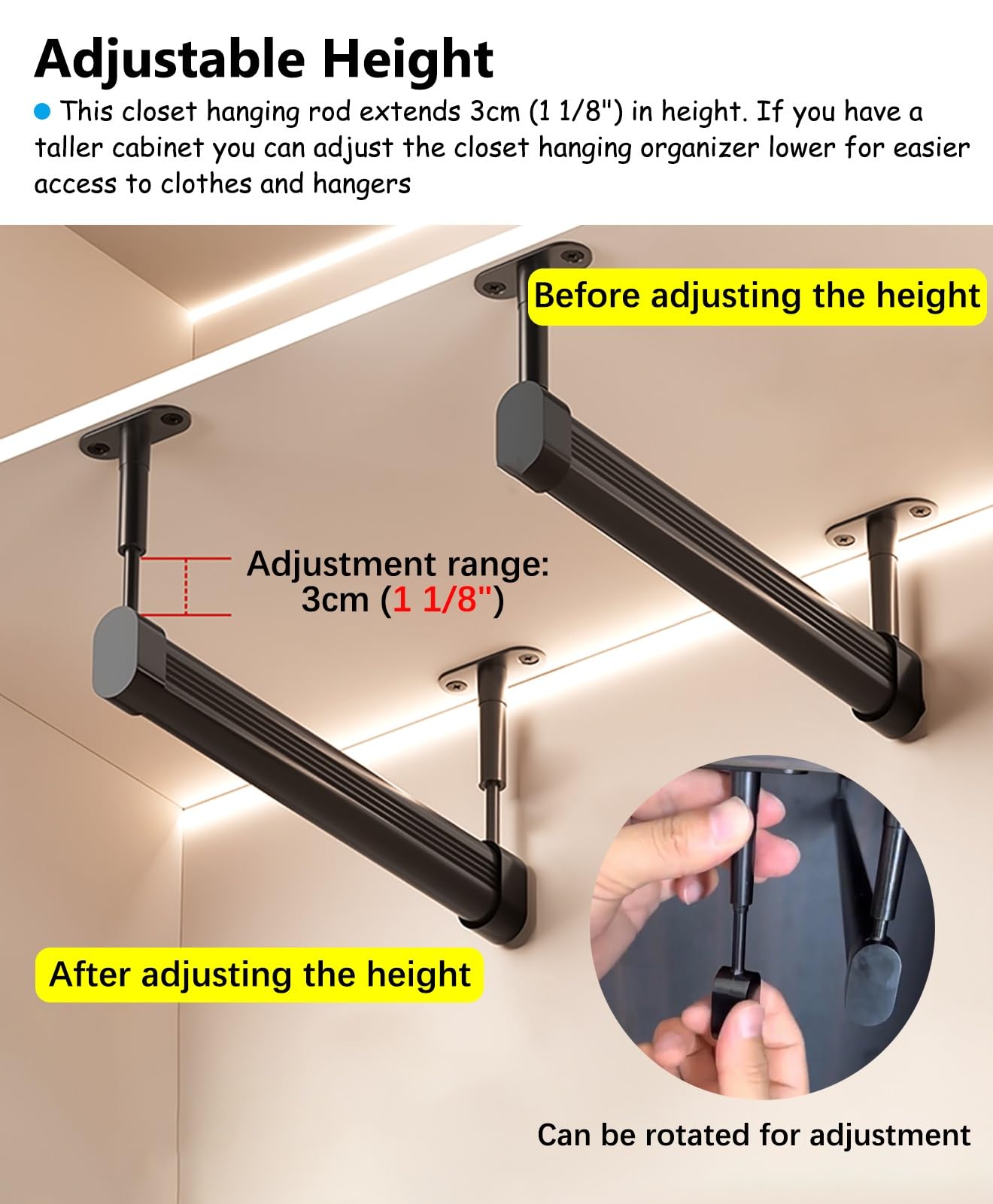 Barra Appendiabiti Spessa Regolabile in Altezza, Asta Appendiabiti sospesa con Staffa terminale, Asta Appendiabiti Nera Resistente per Guardaroba, Facile da installare (90 cm (35 3/8"))