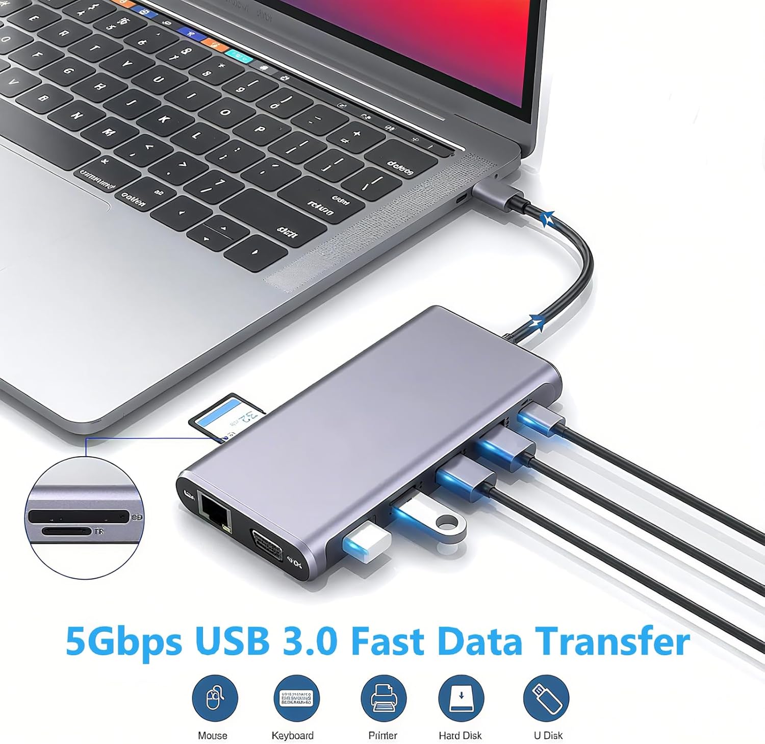 12-in-1 USB C Docking Station with Dual HDMI, 4K@60Hz, Gigabit Ethernet, 100W PD, USB 3.0/2.0, SD/TF Card Reader - for Laptops with Type C Port
