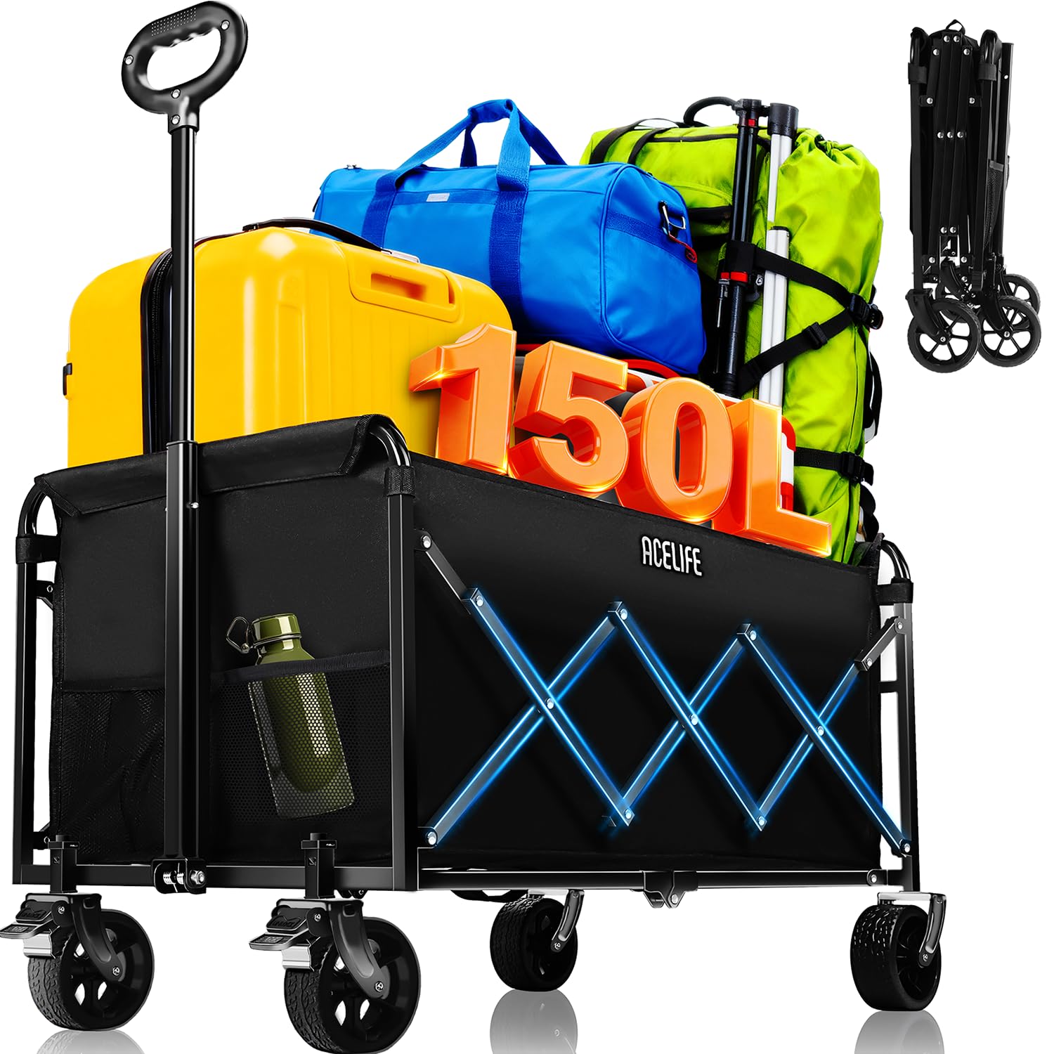Chariot Pliable, ACELIFE 150L Chariot de Plage Pliable Tout Terrain avec Roues Amovibles et Poignée Réglable 150 kg Charge maximale pour Camping, Jardin, extérieur