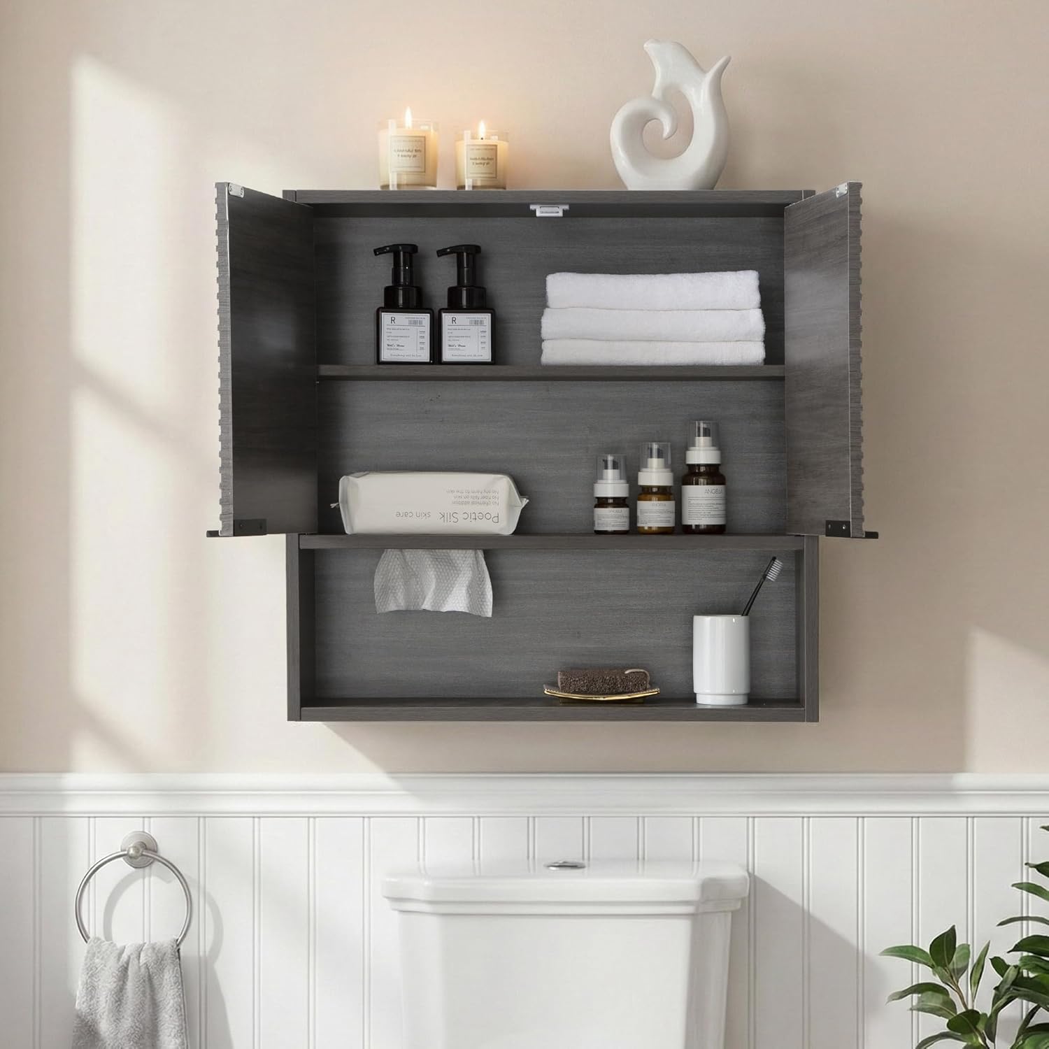 Wall Mounted Bathroom Cabinet with Motion Sensor LED Light & Tissue Dispenser, Modern Black Medicine Cabinet Over Toilet with Fluted Door, Adjustable Shelf for Skincare & Makeup Storage