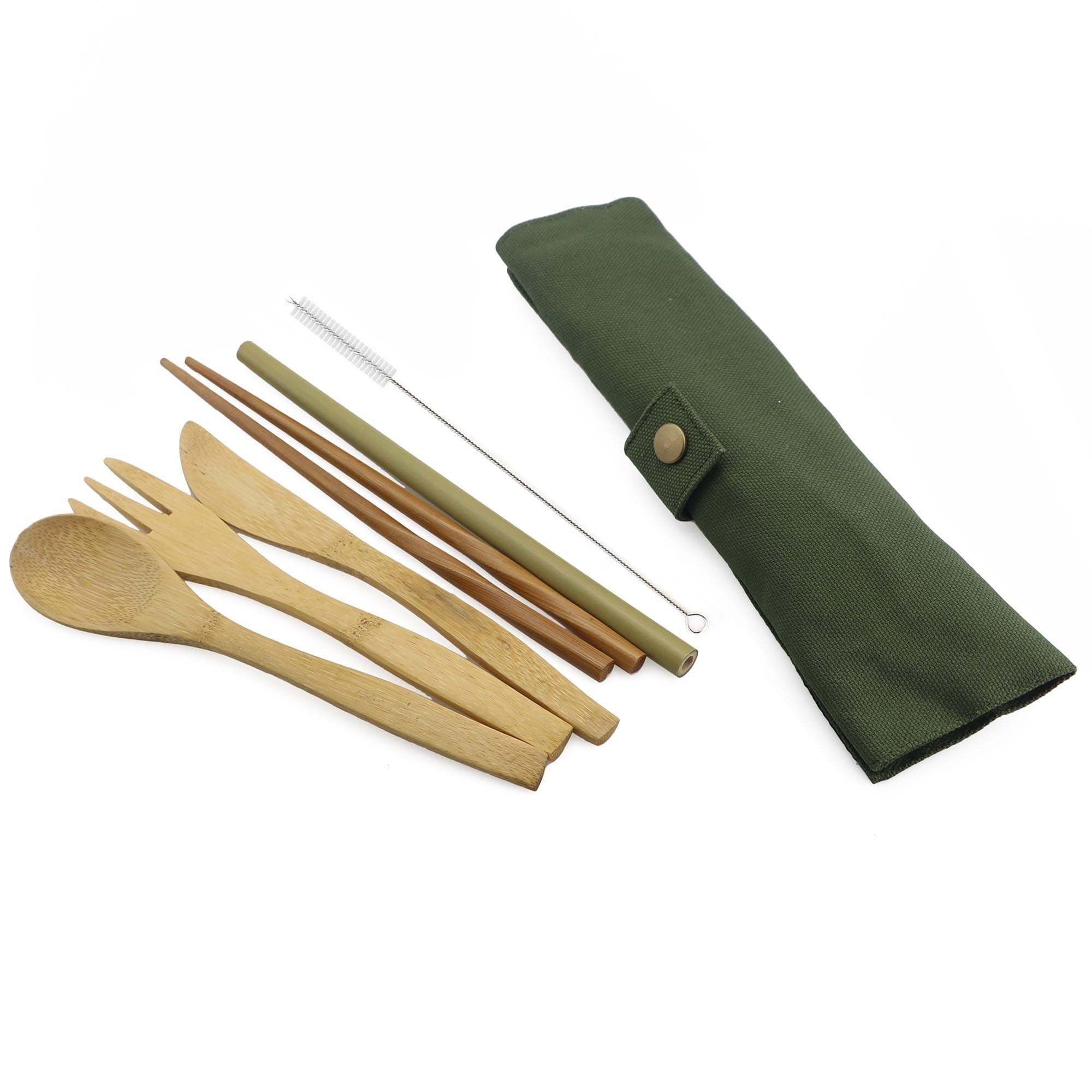 Ensemble de Couverts en Bois de fête 7 pièces avec Couteau, Fourchette, cuillère, Sac en Tissu de Paille de Bambou pour hôtel, Bar, Maison, fête exceptionnelle