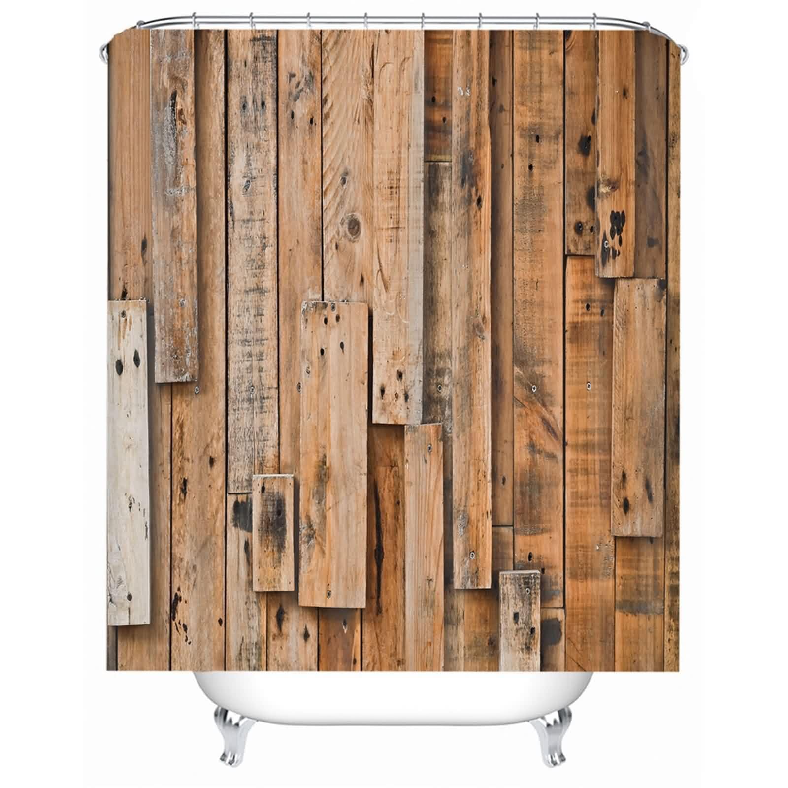 Rideau de douche en textile marron motif tableau noir avec anneaux