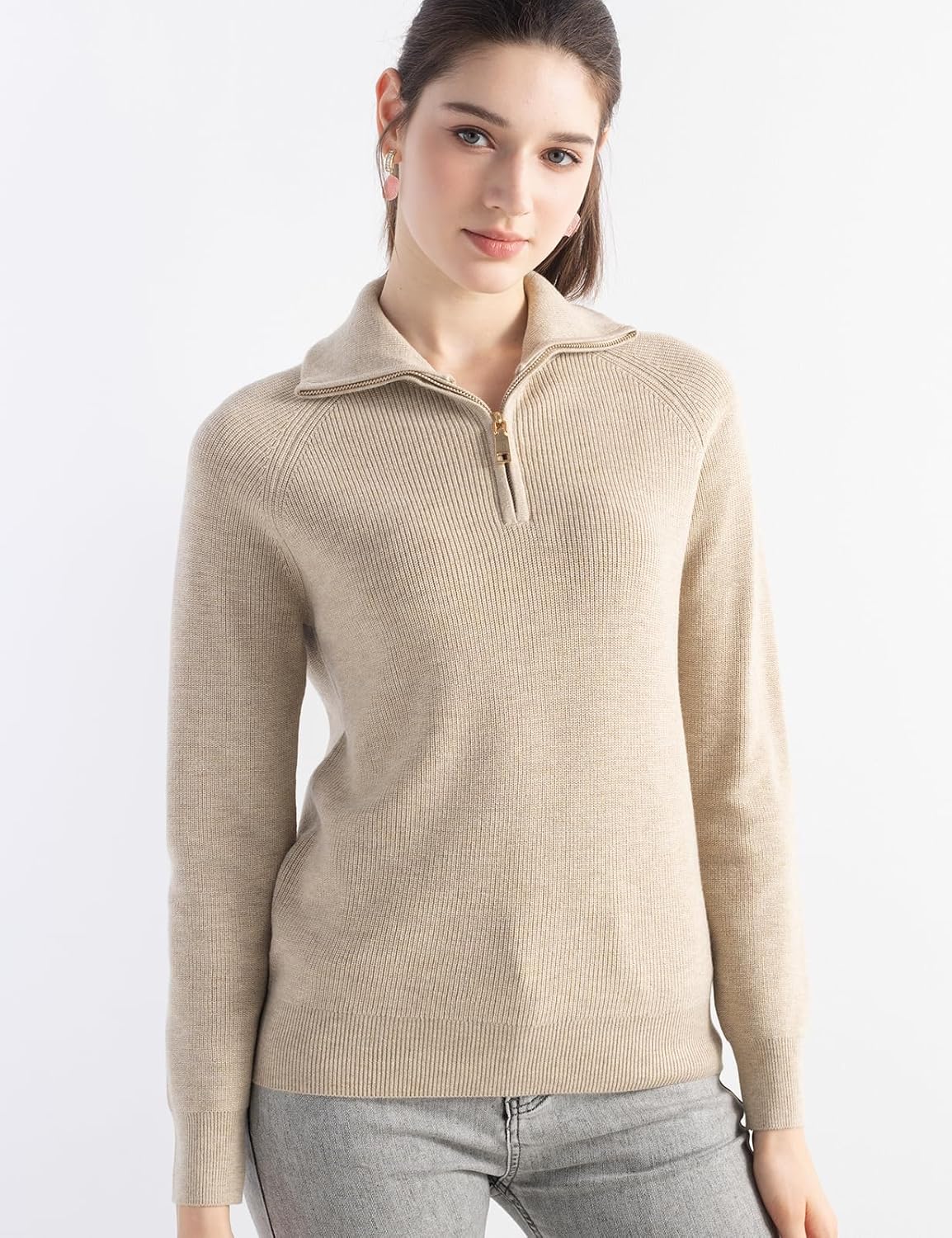 Women's Merino Wool Blend Sweater 2025 Fall Winter Trendy Polo V Neck 1/4 Zipper Long Sleeve Knit Pullover Sweater - Image 2