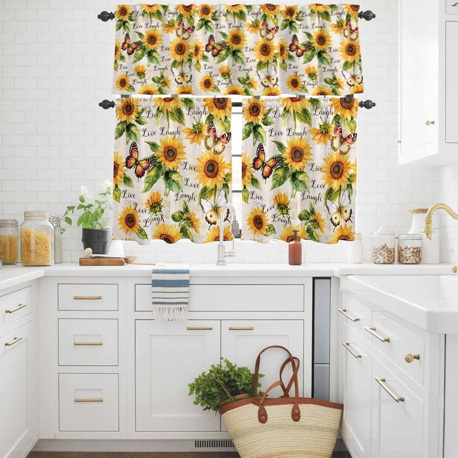 Sunflower Kitchen Curtains Set, Tier Curtain 24 Inches Length, Summer Botanical Vintage Spring Floral Butterfly Window Treatment Valance and Tiers Set Decor for Living Room/Bedroom