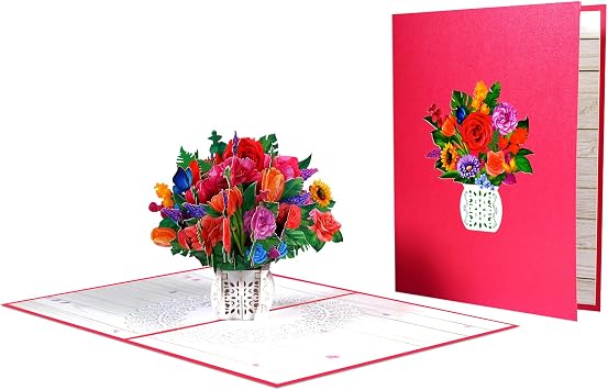 Rose and Iris Flower Arrangement Pop Up Paper Flower Bouquet Greeting Card with Blank Note & Envelope, gift for celebrating Love, Birthday, Anniversary, Special Moment, Valentines Day