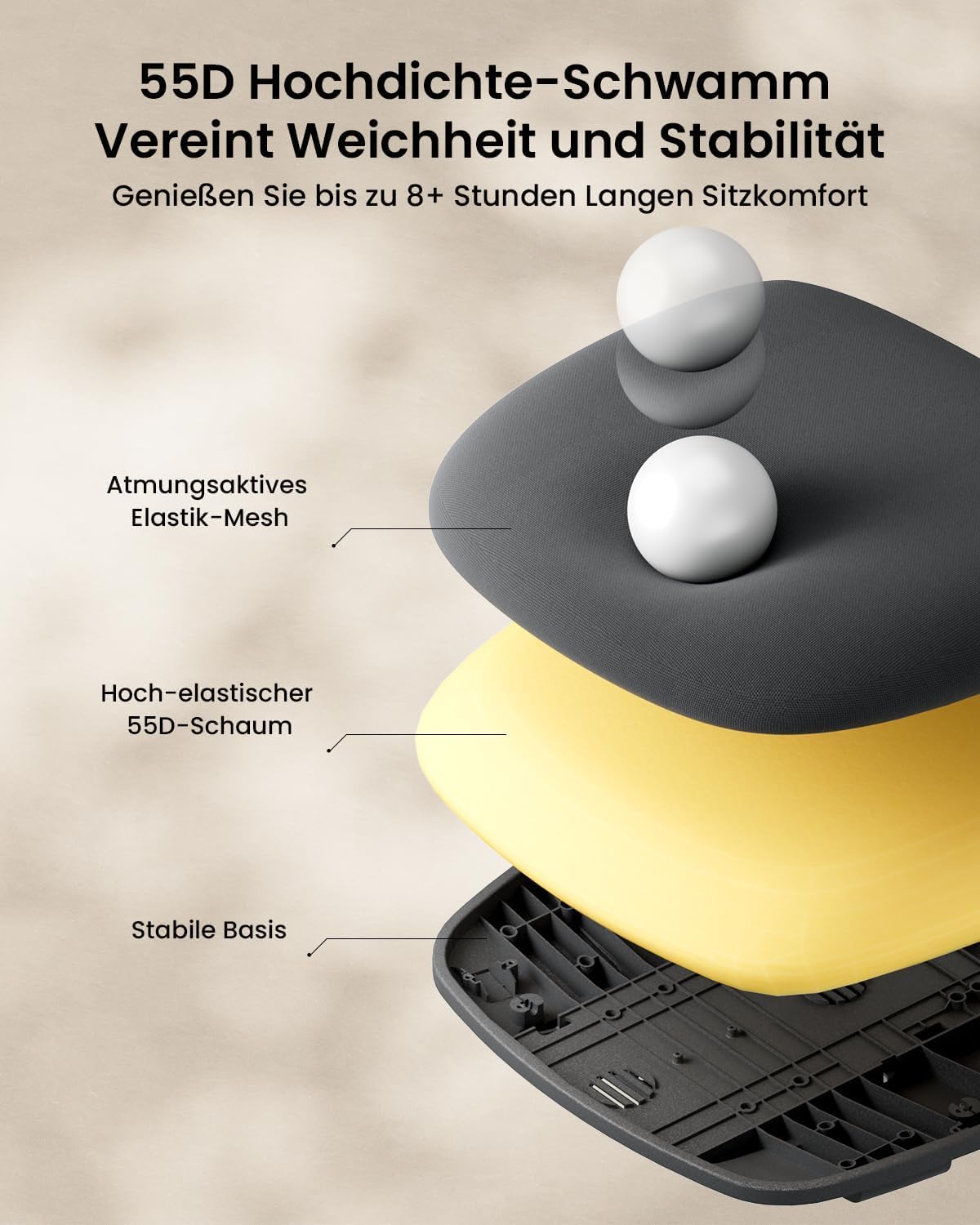 ProtoArc EC200 Ergonomischer Bürostuhl mit Verstellbarer Sitztiefe, Schwarz | Schreibtischstuhl Lendenwirbelstütze Höhen- und Tiefenverstellbarer, 3D-Kopfstütze, 55D-Schaum, Mesh Computerstuhl Homeoffice