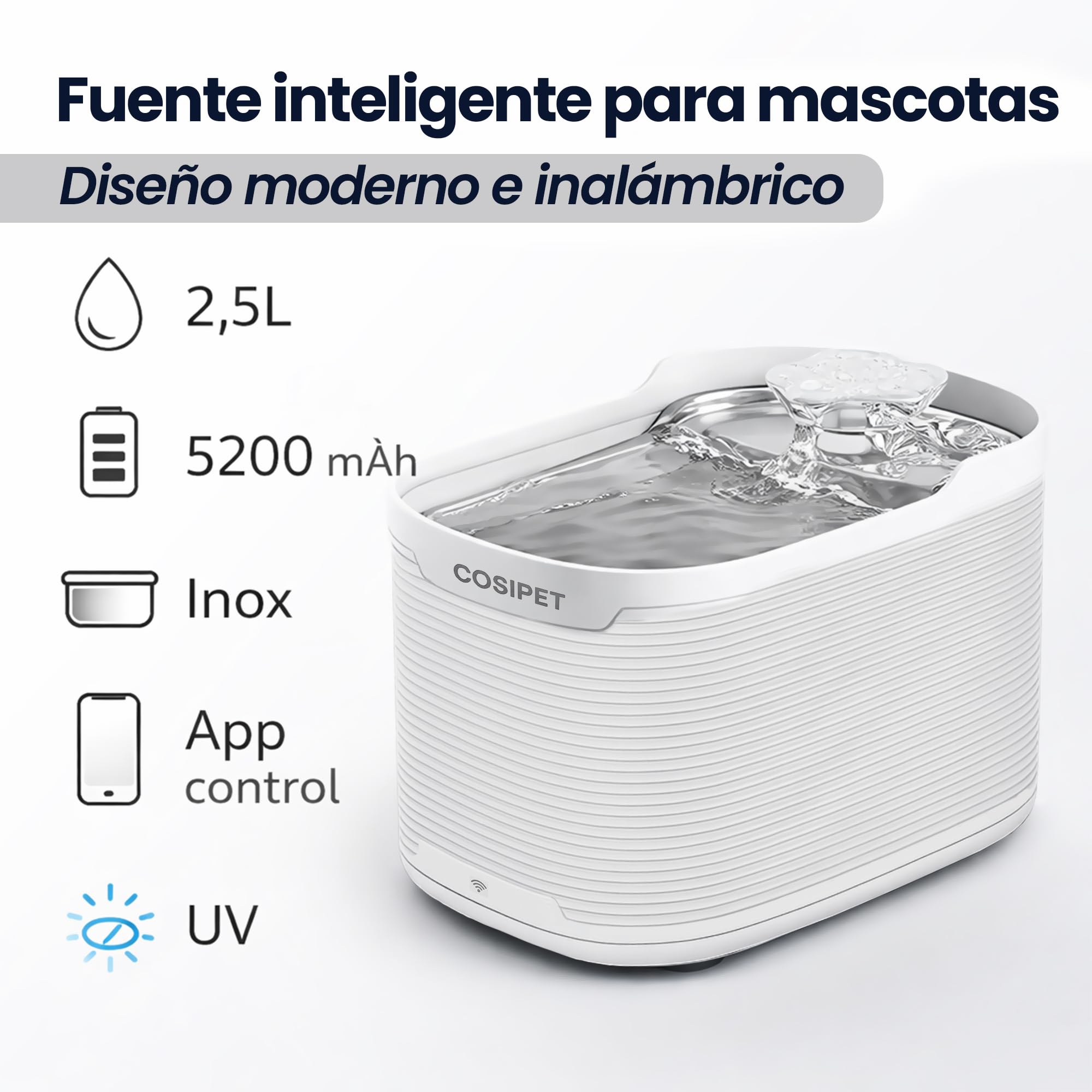 Fuente de agua inalambrica gatos y perros 2,5L control APP WiFi, bebedero automático con sensor, bandeja inox, autonomia mas de 30 dias, UV carbon activado, resina, alfombrilla antiderrame + 3 filtros