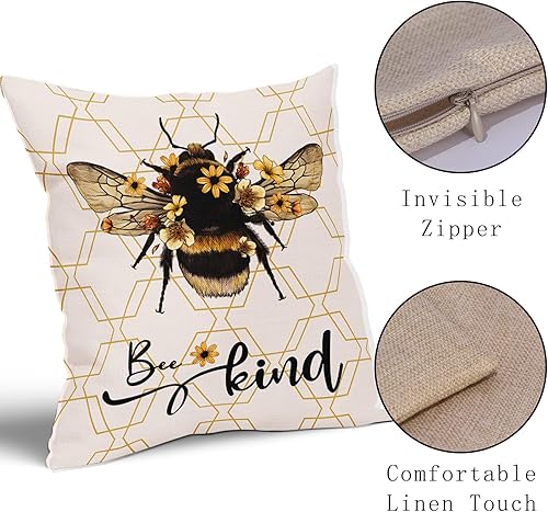 Miniatura 6 de Sweetshow Juego de 2 fundas de almohada Summer Bee de 20 x 20 pulgadas, fundas de almohada de lino tipo granja para el hogar, sofá, patio,