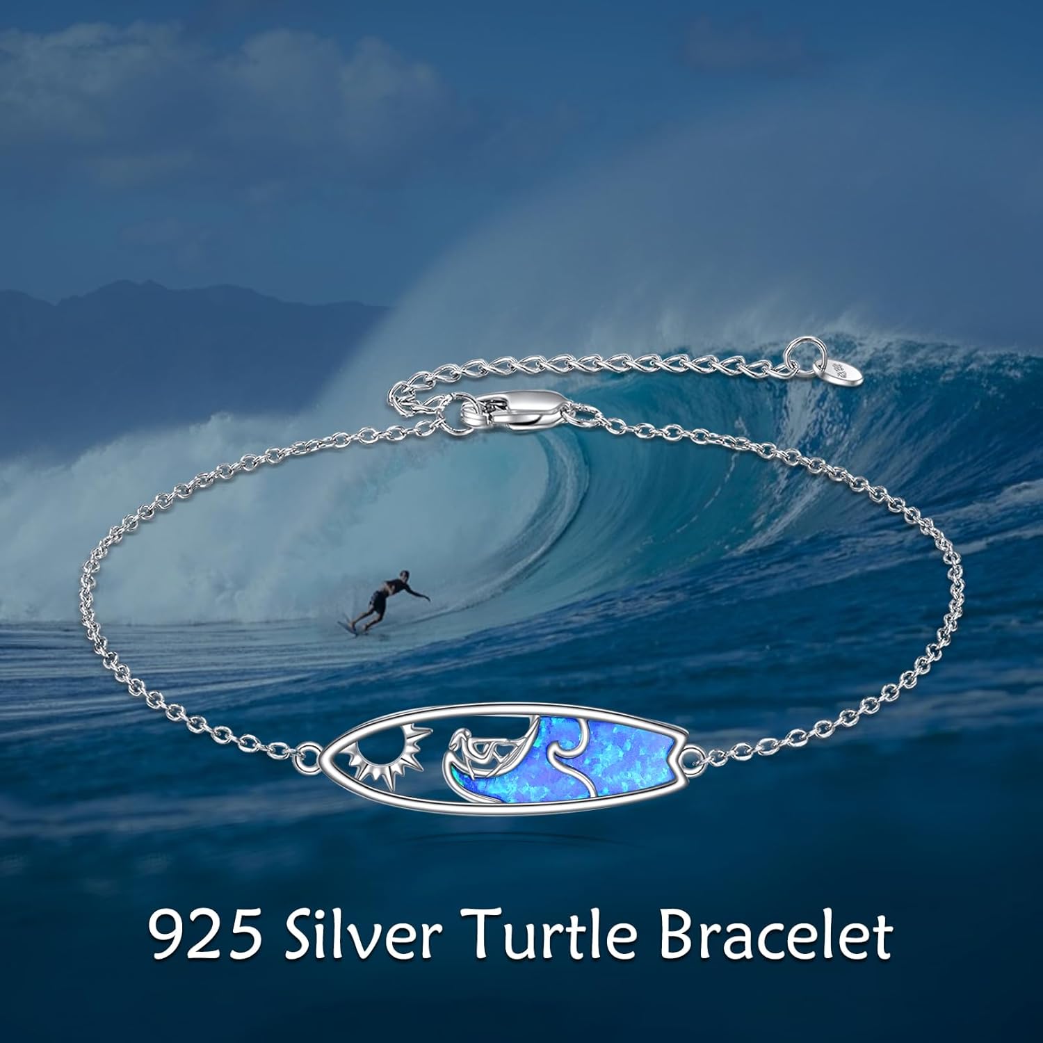 Surfboard Bracelet Sterling Silver Surfer Bracelet Surfing Gift Ocean Wave Opal Jewelry for Women
