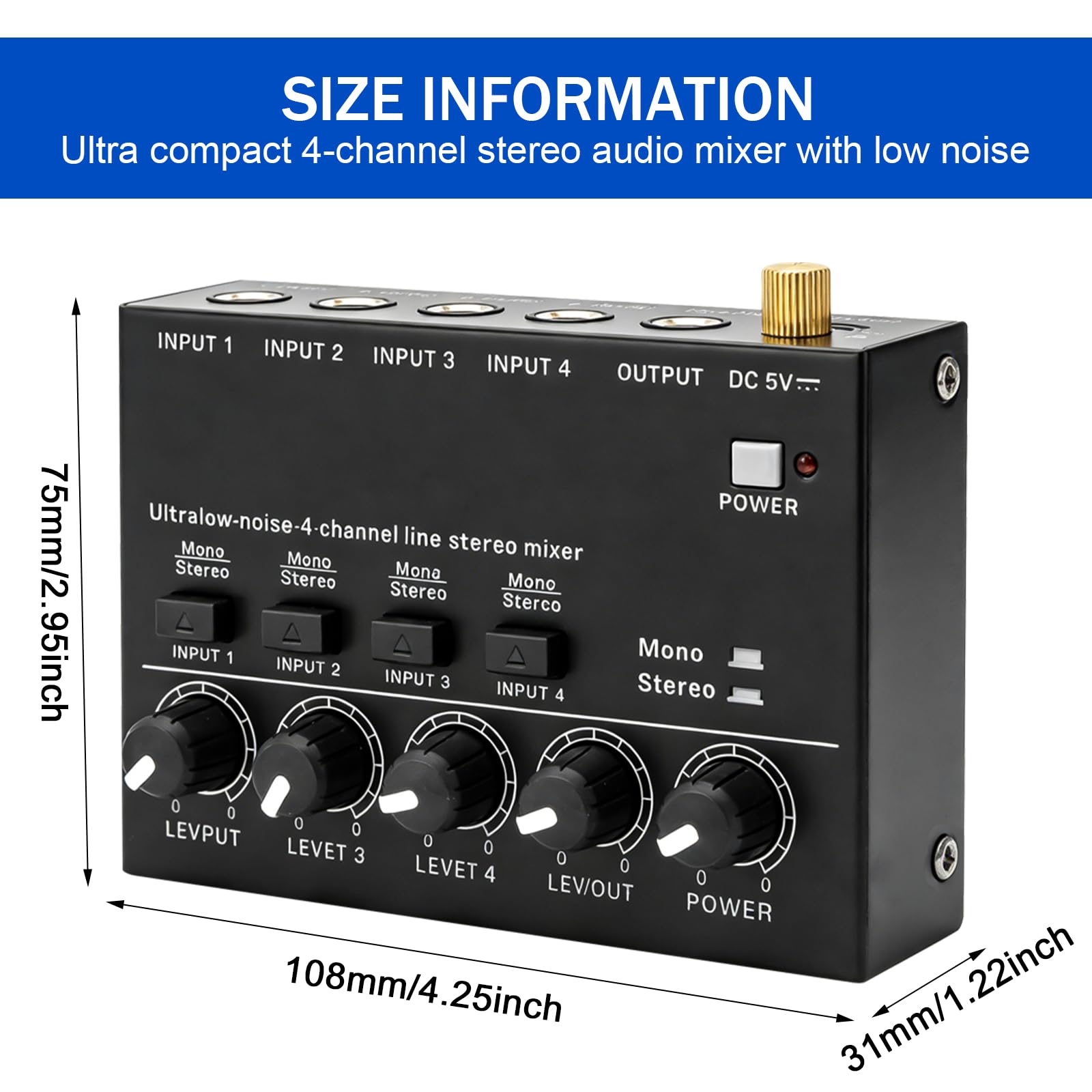 Mixer Audio a 4 Canali, Mixer Audio Stereo, Mixer Attivo Con Cavo Audio da 6,35 mm e Adattatore da 3,5 mm a 6,35 mm, Mixer Audio Stereo a 4 Canali Con 4 Ingressi e 1 Uscita per Microfoni, Chitarre
