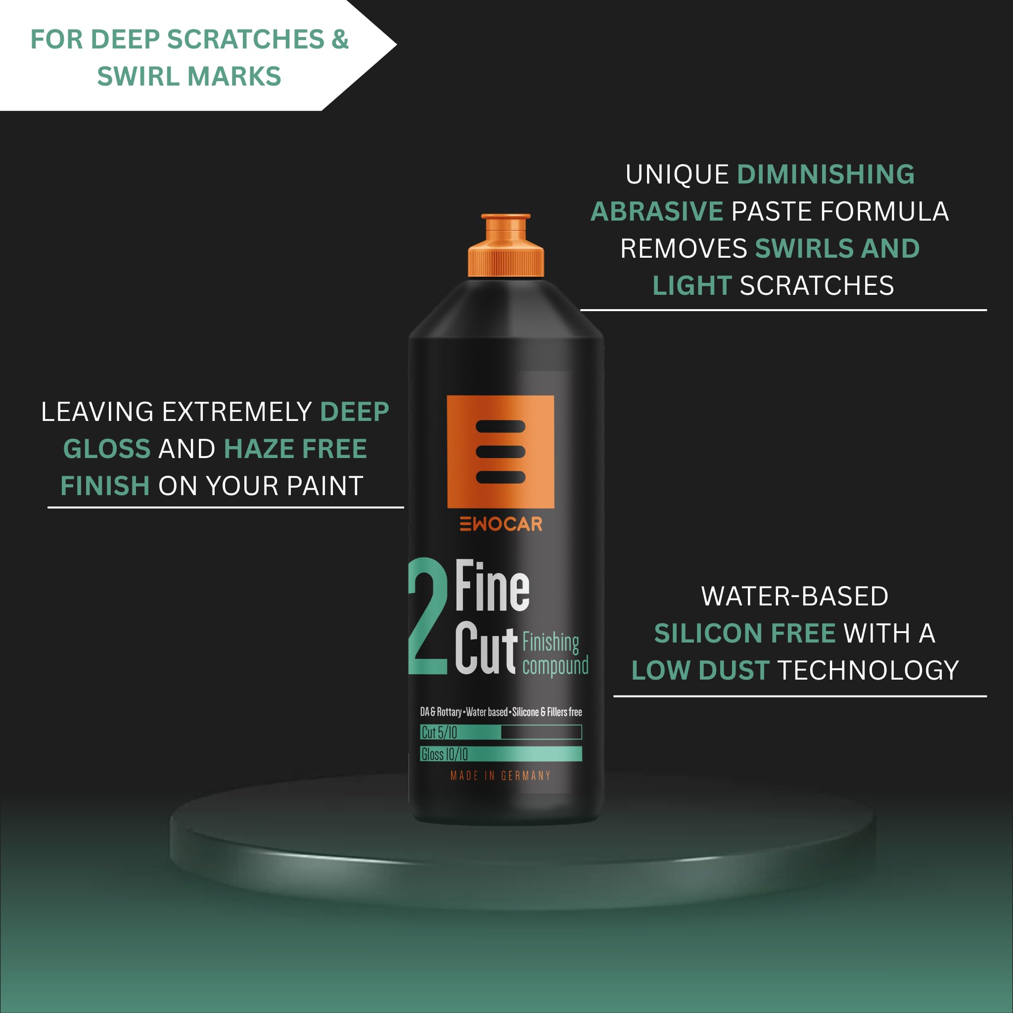 Ewocar Fine Cut Compound – Advanced Finishing Polish for Paint Correction, Deep Shine, Long Buff Time, No Silicone or Fillers