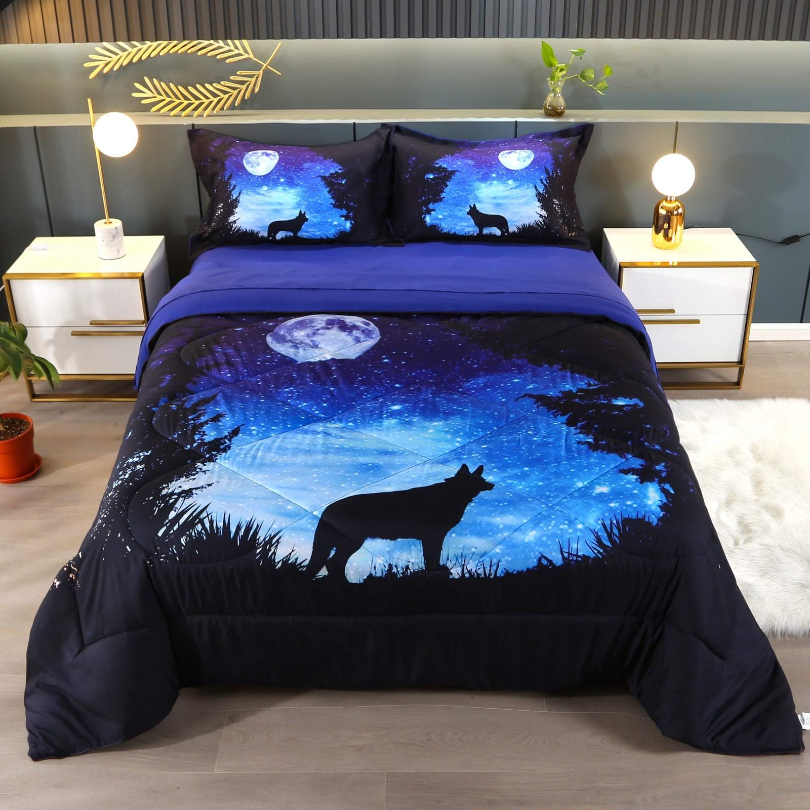 Wowelife Wolf Bed Set Queen 5 Piece Moon and Forest Bedding with Comforter, Flat Sheet, Fitted Sheet and 2 Pillows(Forest Wolf)