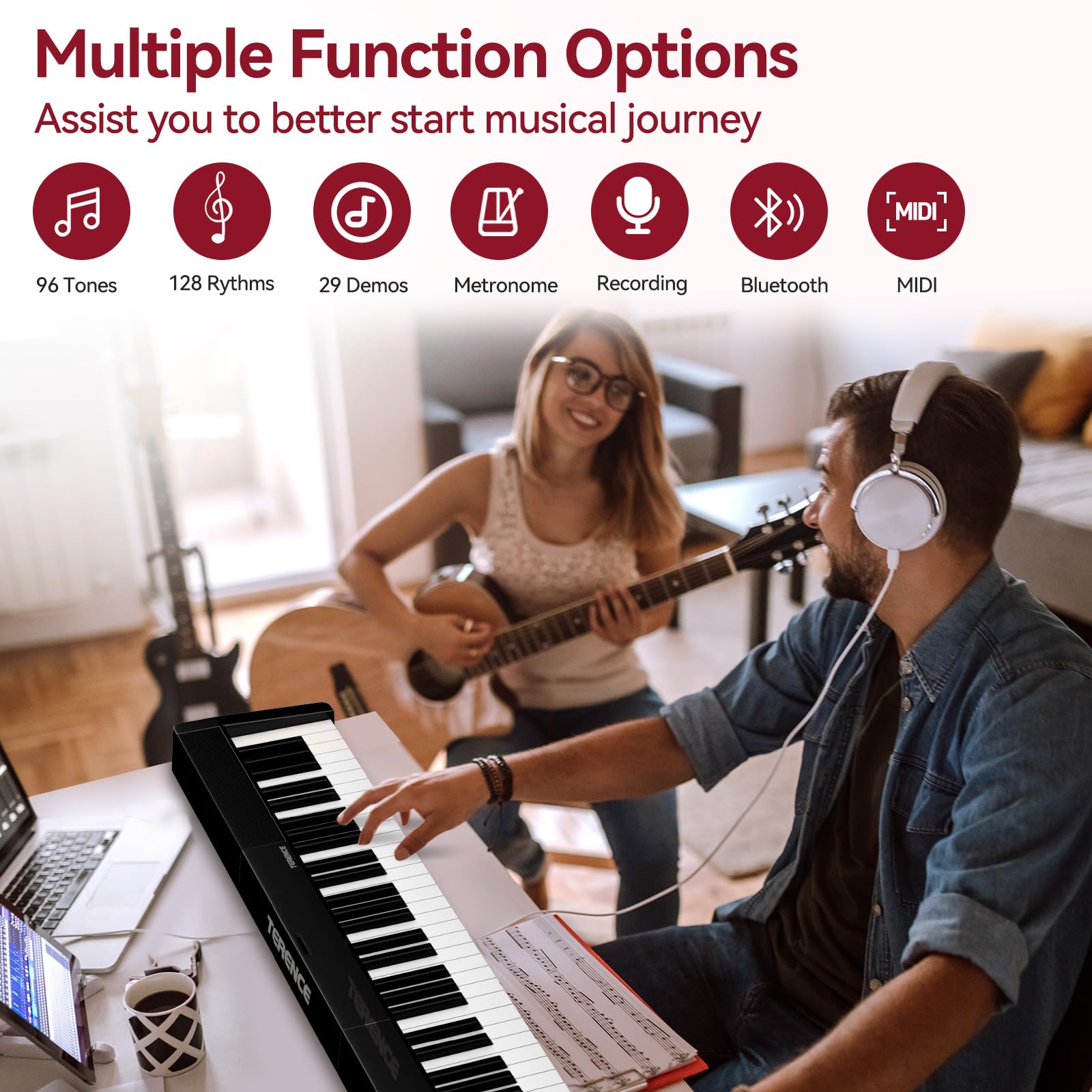 TERENCE Piano numérique, 88 touches lestées, batterie 1800 mAh, Haut - parleur 2 * 5W, pliable et portable, support Bluetooth et interface midi Noir