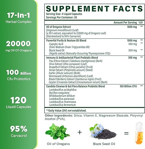 Miniatura 8 de Aceite de orégano con aceite de semilla negra - 20000 mg de orégano | Mezcla de hierbas 17 en 1 con probiótico, Carvacrol y timoquinona de fuerza