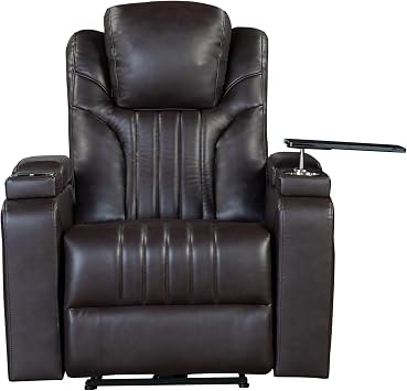 PU Leather Power Recliner Home Theater Recliner with Power Adjustable Headrest, Wireless Charging Device, USB Port, Storage Arms, Cup Holder and Swivel Tray Table for Living Room, Brown