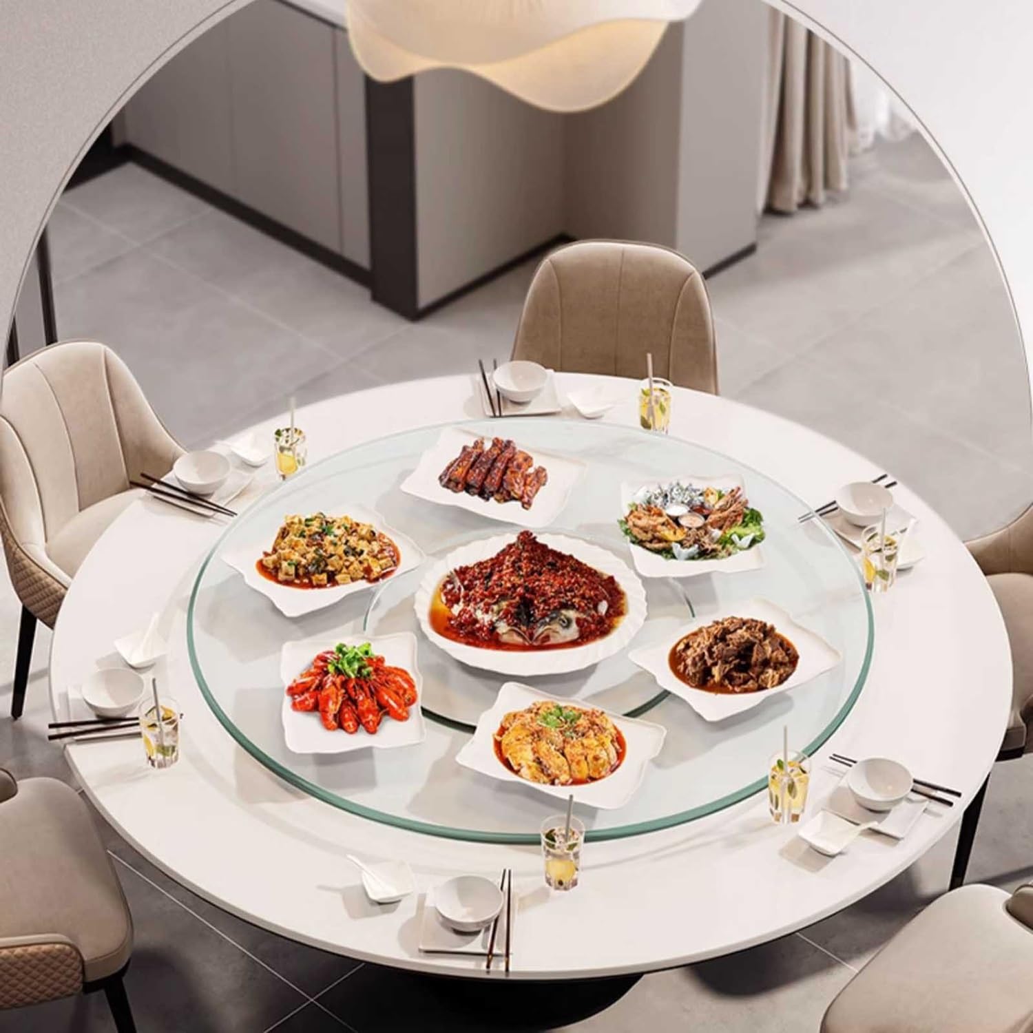 Large Round Dining Table Lazy Susan Turntable Rotating Tray Transparent Rotating Tray With Silent Bearing Centerpieces 24/28/32/35inch Tempered Glass Rotating Serving Platter(Ø 70cm/27.5in)